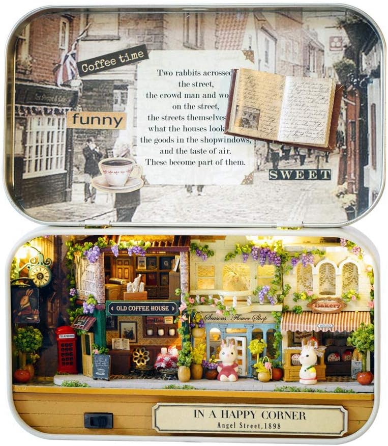 Cuteroom Box Theatre Miniature Kit, Architecture Modeling Kit with LED Furniture, Time Travel Series Miniature Dollhouse Kit DIY for Teenagers Gift (Happy Street Corner)