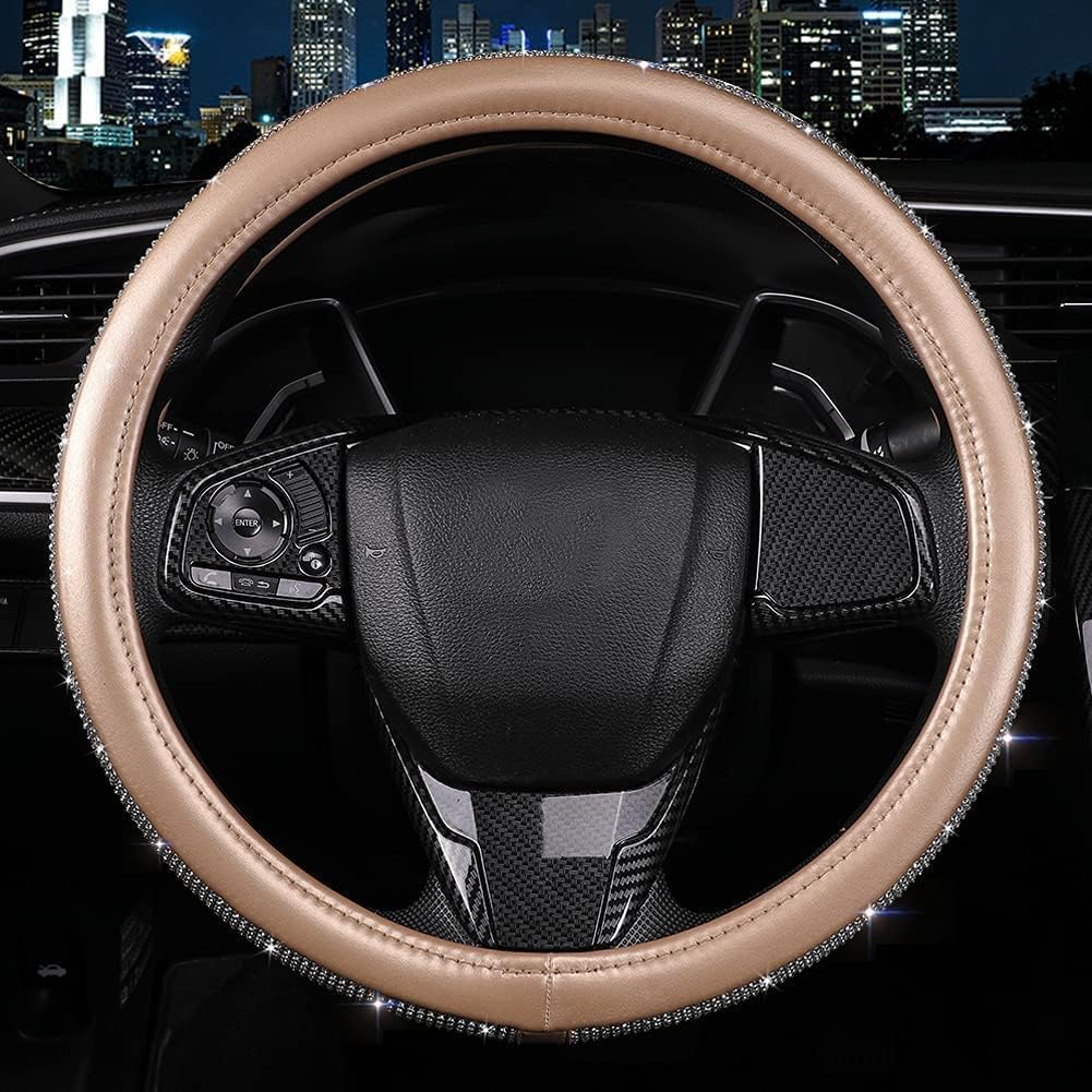 Bling Diamond Leather Steering Wheel Cover, Golden Steering Wheel Covers for Women Girls with Crystal Rhinestones, Universal Fit 14.5-15 Inch Car Steering Wheel Bling Cover Accessories - Image 3