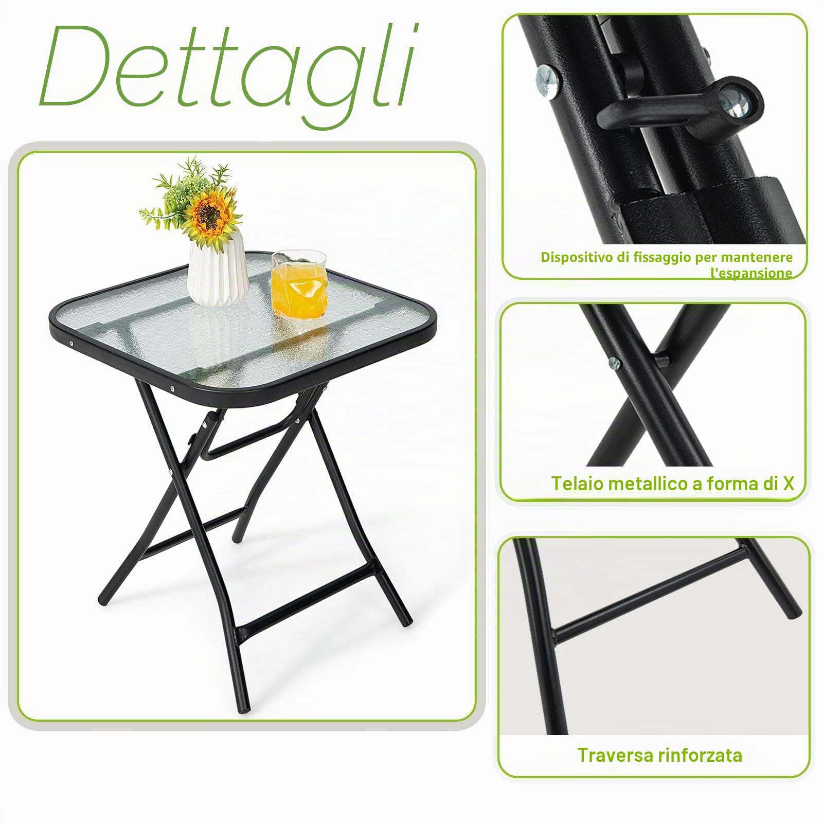 KOMFOTTEU Tavolo da giardino pieghevole bistrot con piano in vetro e struttura in metallo, tavolo rotondo per balcone e terrazza (quadrato, 46,5 x 46,5 x 47,5 cm (lunghezza x larghezza x altezza)