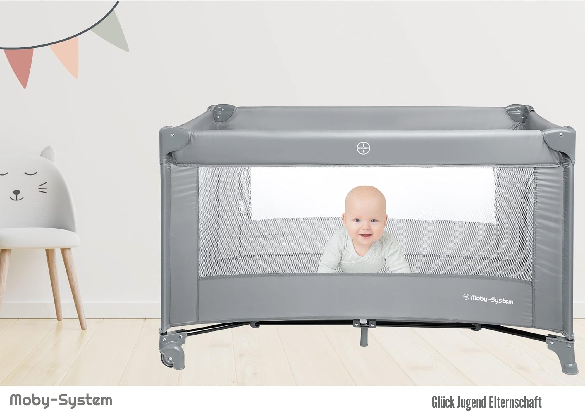 Moby-System Baby Reisebett 128x68 cm – faltbares Kinderreisebett mit Matratze & Tragetasche – Laufstall mit Seitenausgang – für Babys bis 15 kg - Grau
