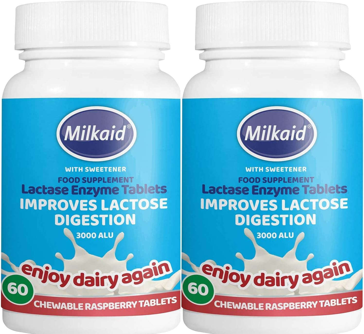 2 X 60 Milkaid Lactase Enzyme Chewable Tablets for Lactose Intolerance Relief | Prevents Gas, Bloating & Diarrhoea | Fast Acting Dairy Digestive Supplement | Gluten Free & Vegan | (2 Pack of 60s)