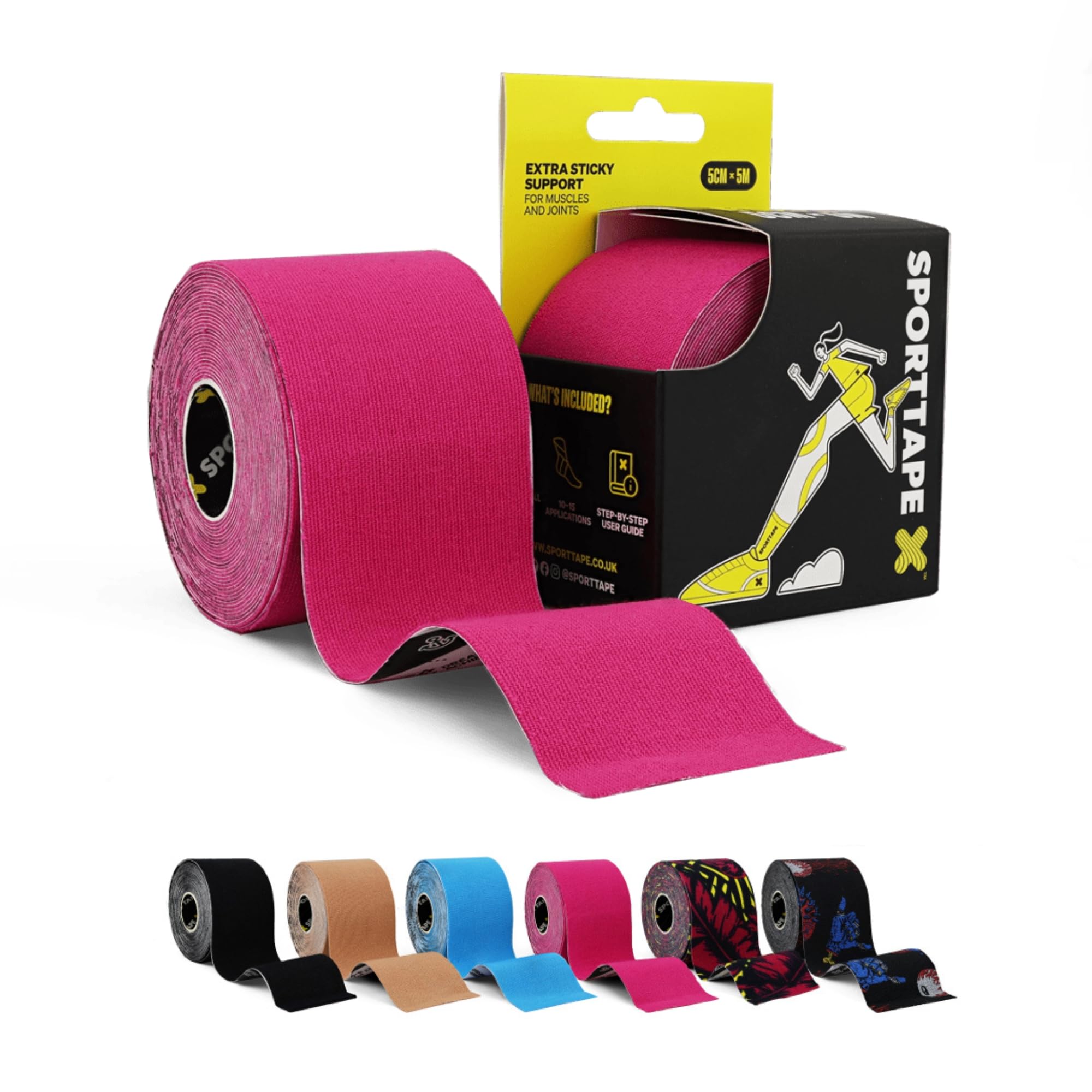 SPORTTAPEKinesiology Tape - 5m Roll - Pink | Physio & Sports Injury Muscle Tape for Shoulder, Knee, Ankle Shin Splints Support. Waterproof & Hyopallergenic Kinetic Tape