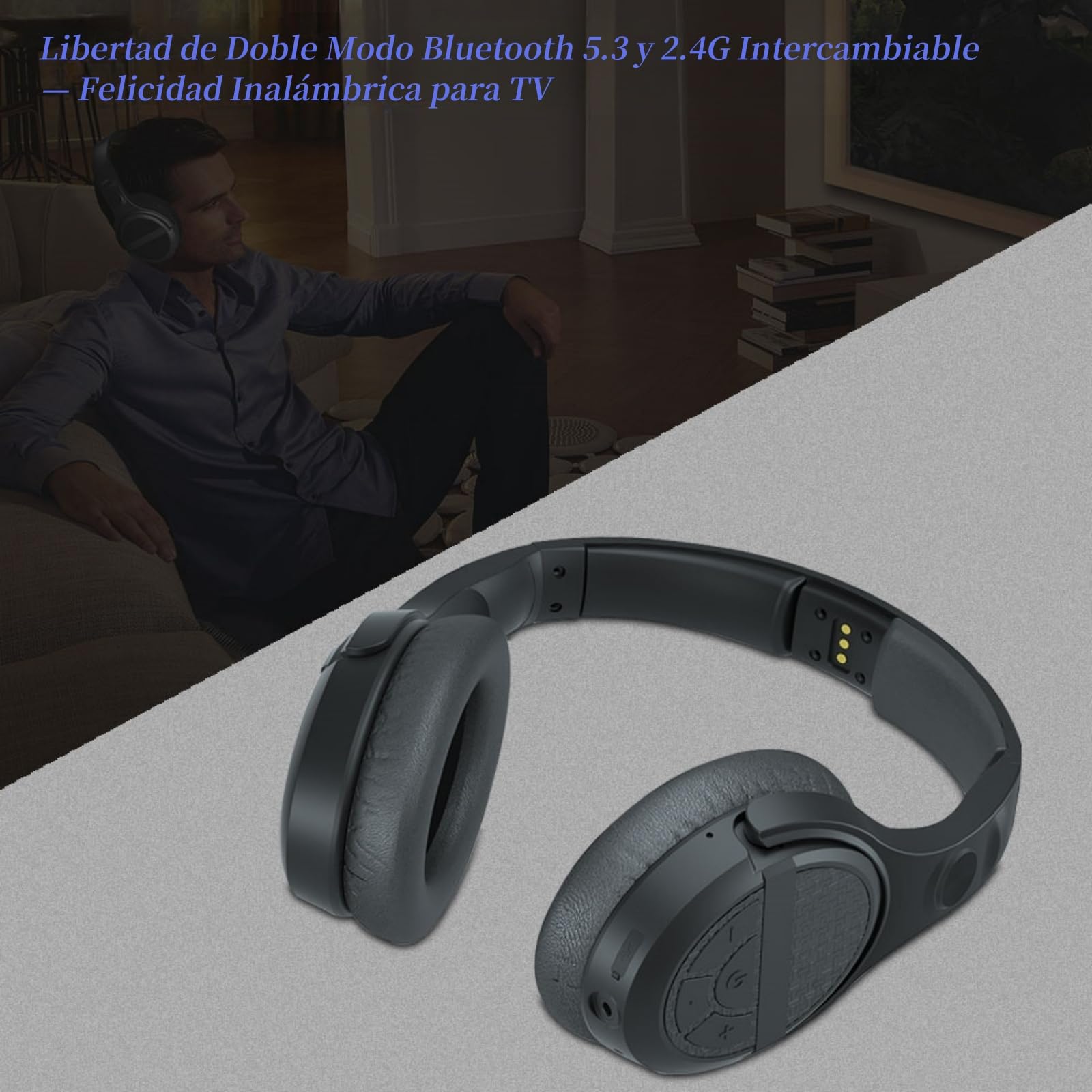 Auriculares Inalámbricos para TV Personas Mayores con Botones Grandes, 15H y 0 Retraso, Base de Carga con Transmisor 2.4GHz, Auriculares Bluetooth Over-Ear, Salida Digital Óptica(TOSLINK)/RCA/3.5mm