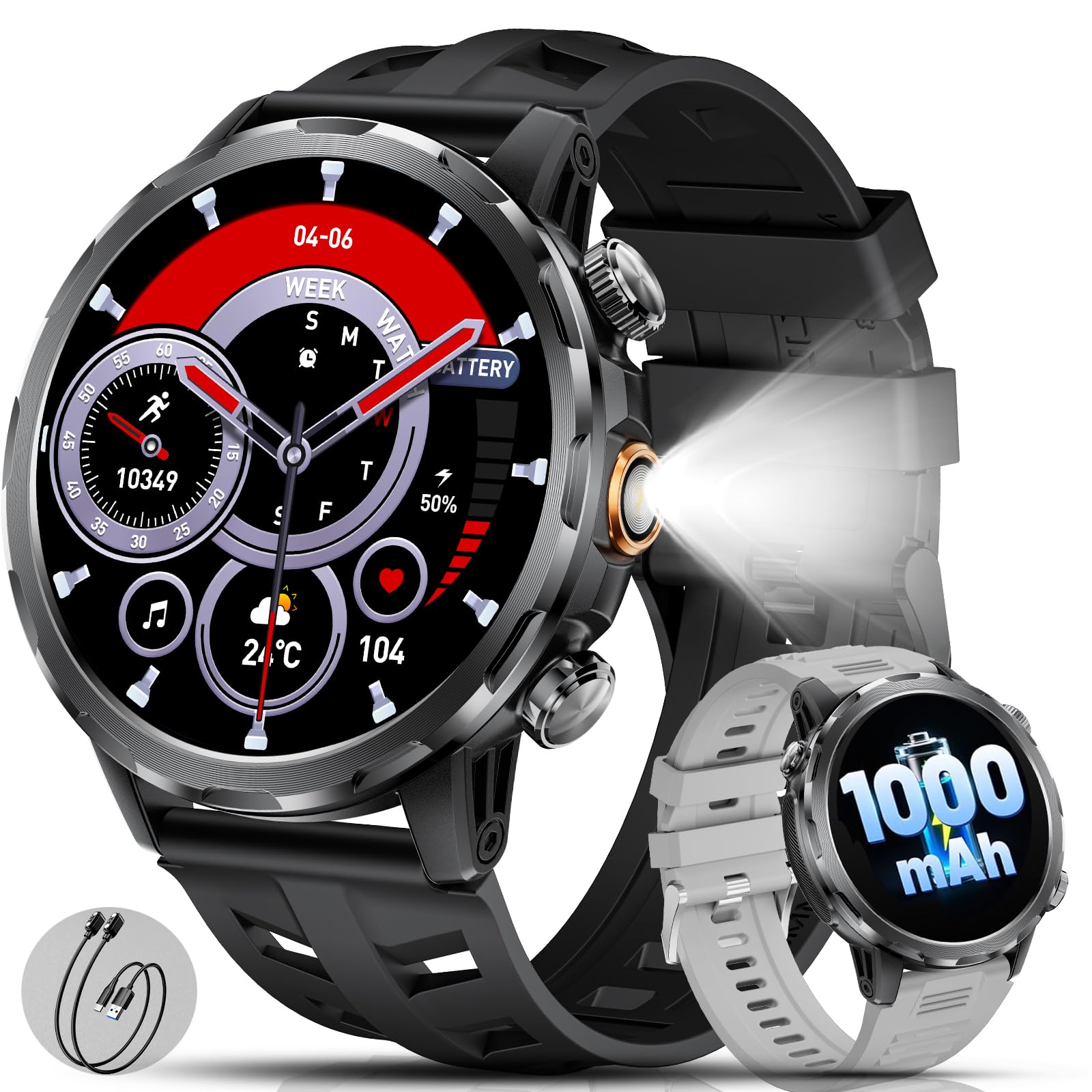 Militar Reloj Inteligente Hombre con 1000mAh/Linterna/1.7'' HD Grande Smartwatch Hombre con Llamadas/Doble Carga/IP68 Impermeable/100+ Modos Deportivos/Pulsómetro/Sueño/Pulsera Actividad Android iOS