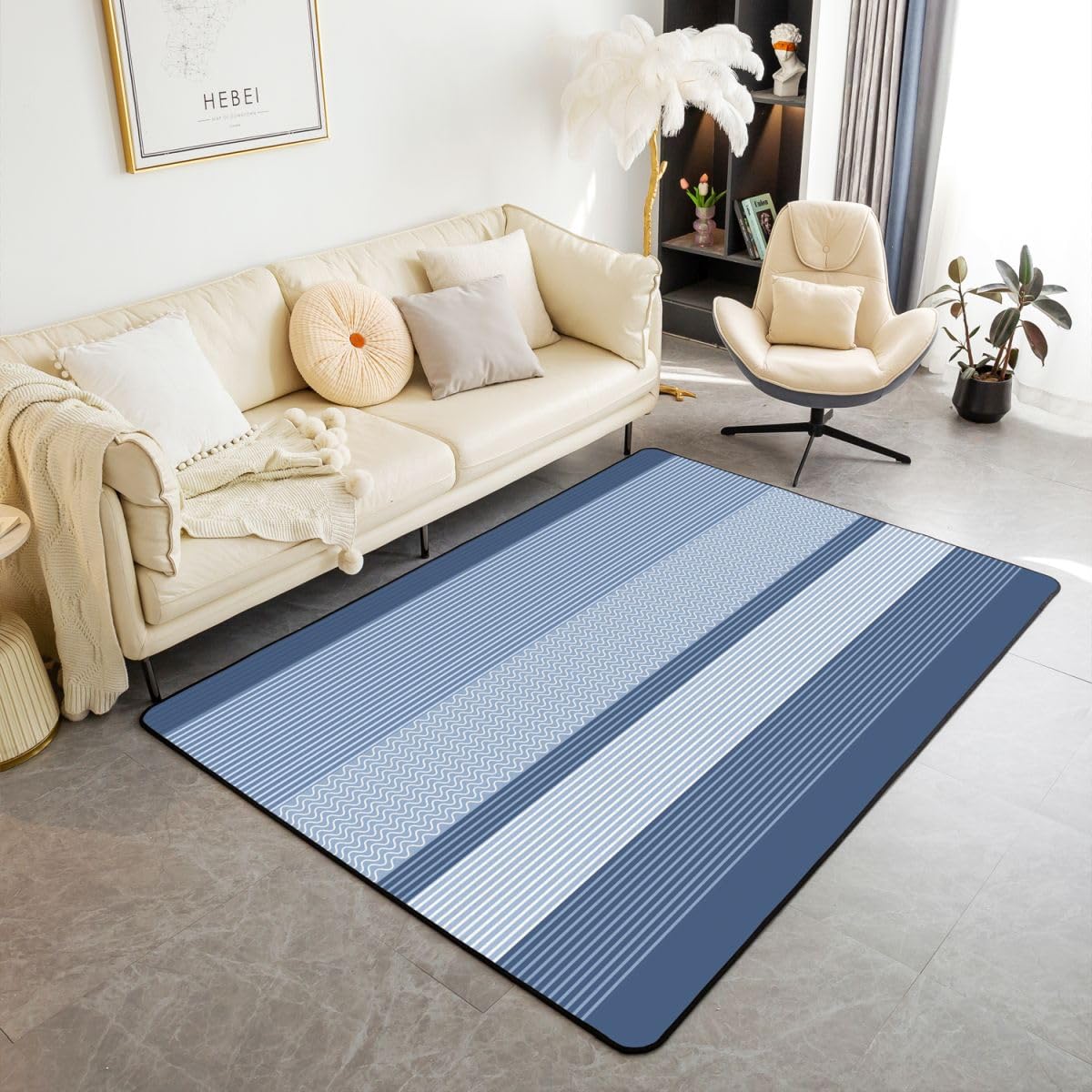 Tappeto da soggiorno retrò a righe, 150 x 200 cm, geometrico, linea semplice, decorazione a onde, per camera da letto, per ragazzi e ragazze, alla moda, decorazione a righe, blu