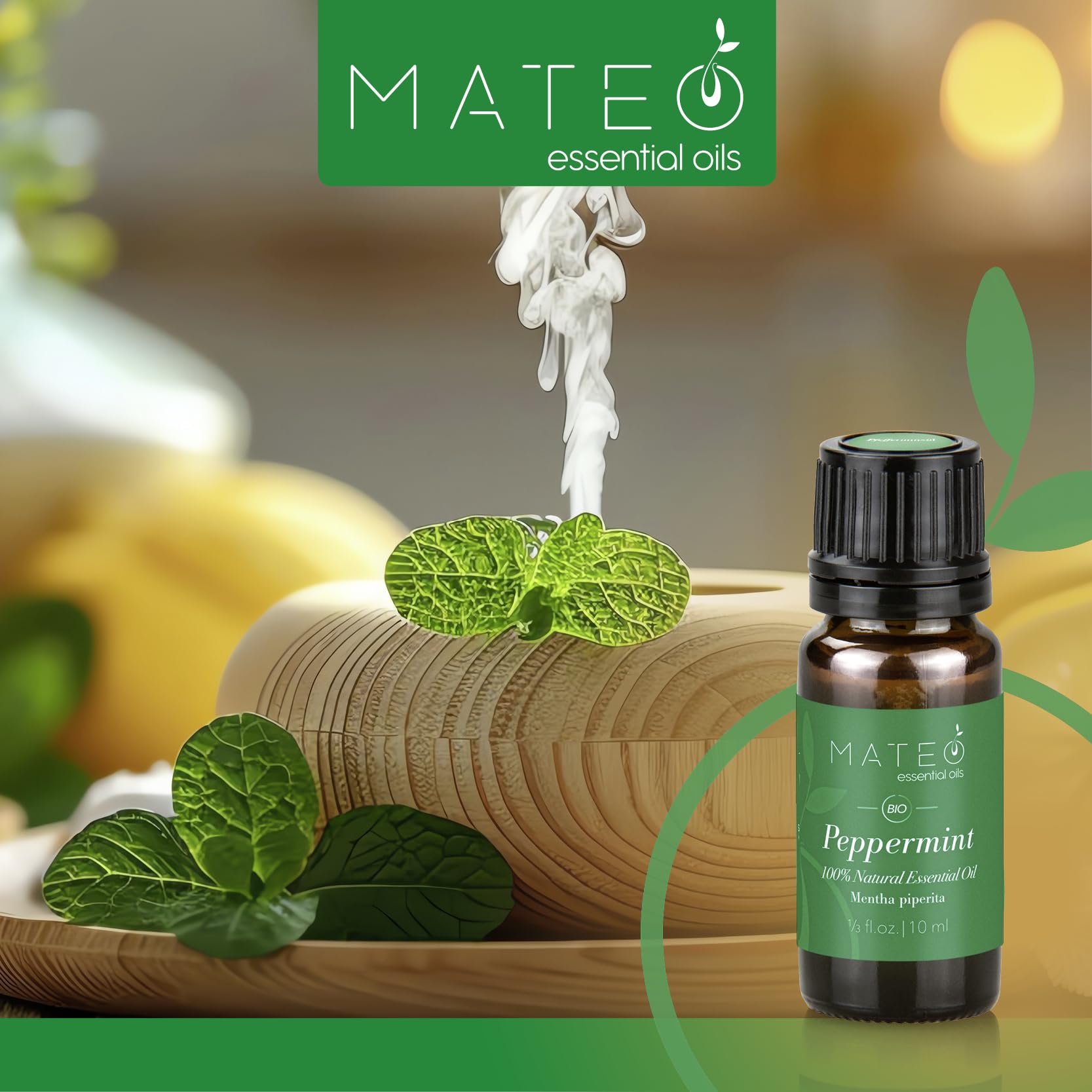 MateoEssentialOils – Olio Essenziale di Menta Piperita 100% Puro & Naturale – Qualità terapeutica – Ideale per Aromaterapia, Diffusori, Massaggi e Cura del Corpo – Effetto Rinfrescante – 10 ml.