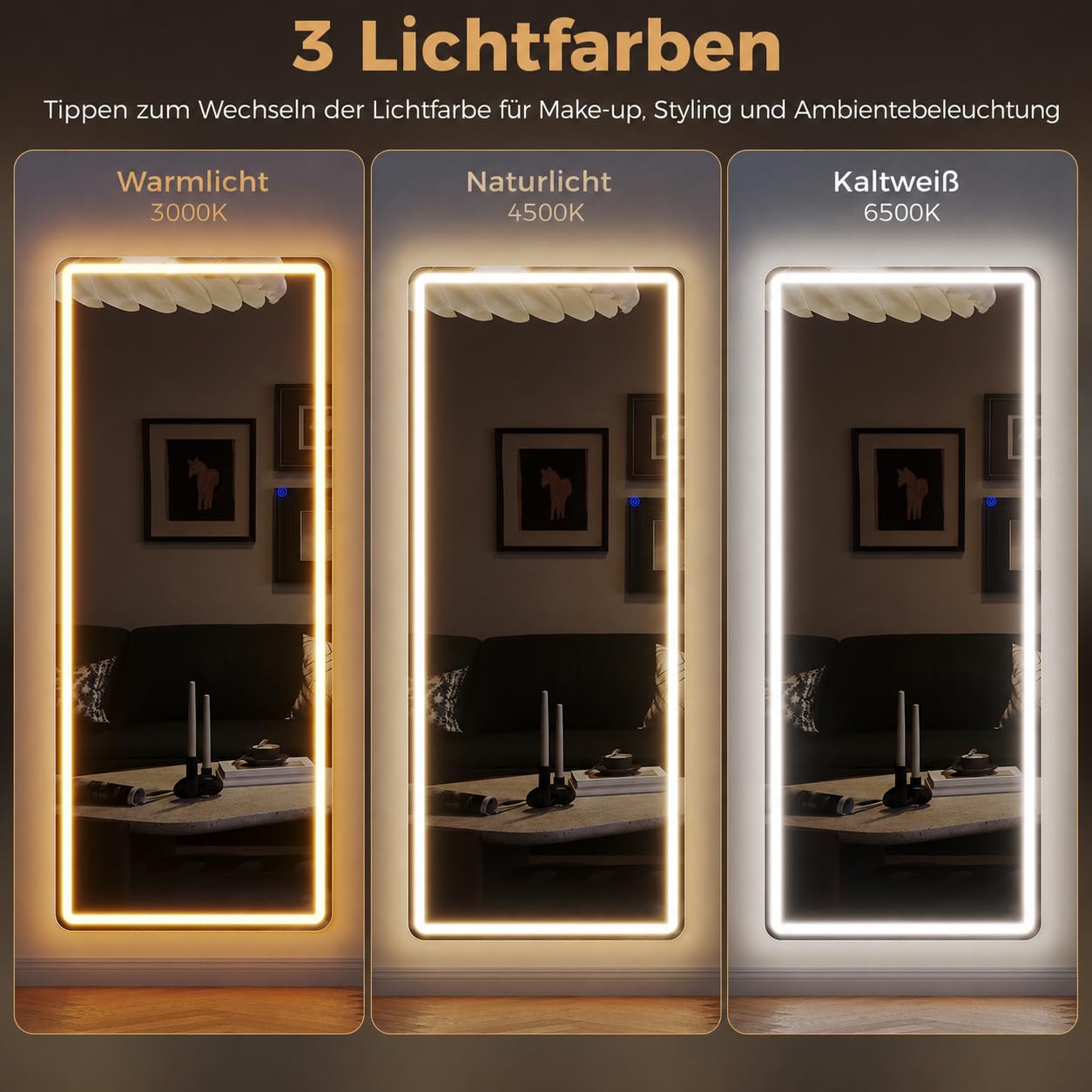 ZKIODV 178x65cm Ganzkörperspiegel mit Beleuchtung, Wandspiegel Groß mit Licht, Standspiegel mit LED 3 Farben & Dimmbar, Großer Spiegel Beleuchtet mit Ständer für Wohnzimmer Eingang Flur (Weiß XXL)