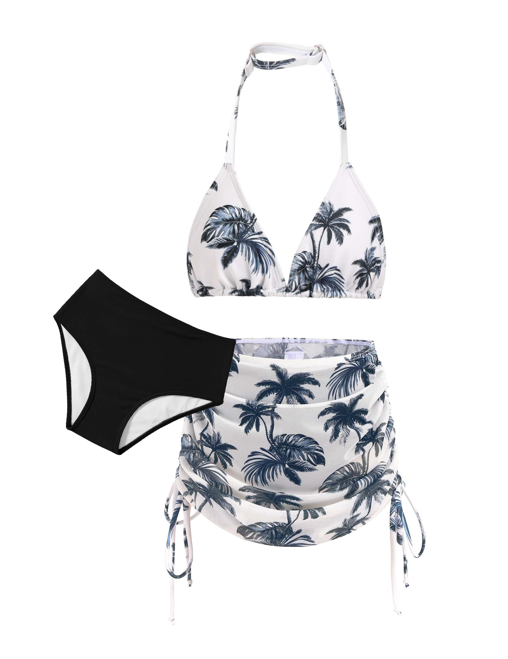 Arshiner Niñas Conjunto de Bikini 3 Piezas Niños Cuello Halter Tankini de Tres Piezas con Falda Verano Impresión Traje de Baño Bikinis para Niñas 7-15 Años