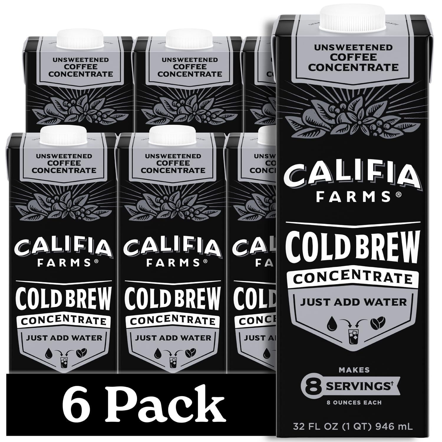 (Best by: 17/May/2025) Califia Farms - Unsweetened Cold Brew Coffee Concentrate, 32 Fl Oz (Pack of 6), 100% Arabica, Shelf Stable, Plant Based, Vegan, Gluten Free, Non GMO, Sugar Free, Iced Coffee