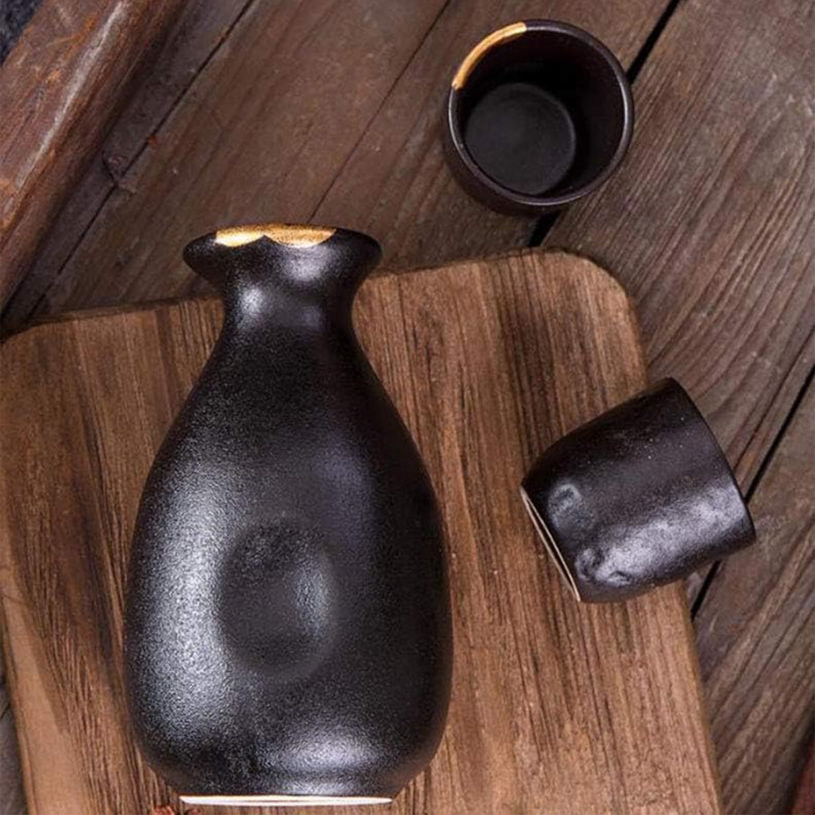 Set di 5 tazze da sakè giapponesi, dipinte a mano, in ceramica, per degustazione di vini casalinghi, colore nero