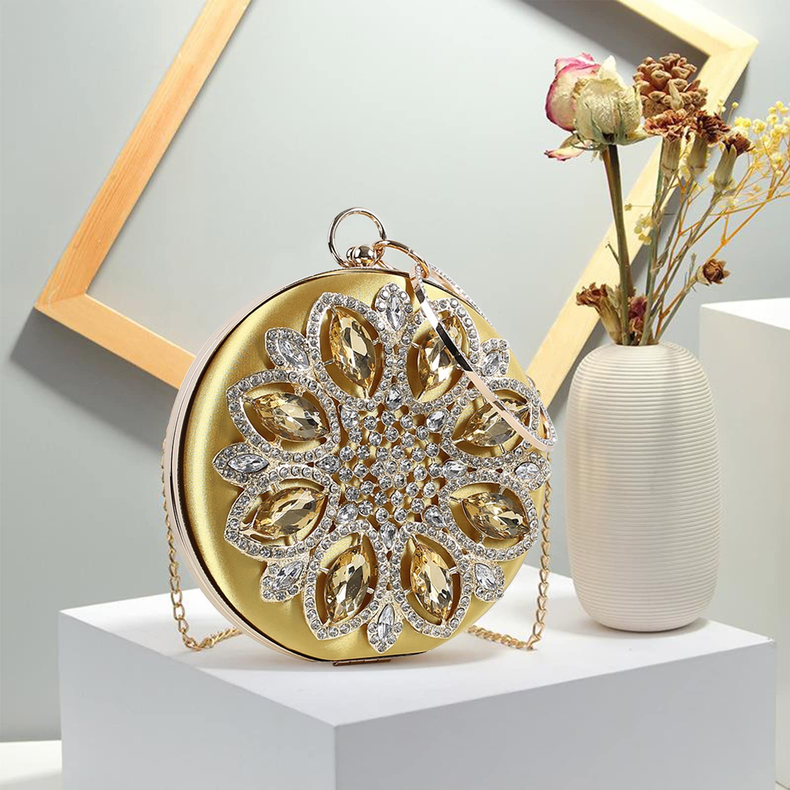 Bolso de Fiesta para Mujer Diamantes de Imitación Clutch Redonda Cartera de Mano Bolsos Bandolera Elegante Bolso de Hombro Bolso de Noche para Fiesta de Graduación Boda Banquete Oro