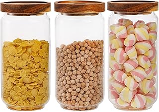 Bekith 3 Pack Glass Storage Containers with Airtight Seal Acacia Wood Lids, 31.6 FL OZ (950ml) Clear Glass Food Storage Jars for Kitchen, Glass Pantry Canister for Spaghetti Pasta, Coffee, Beans