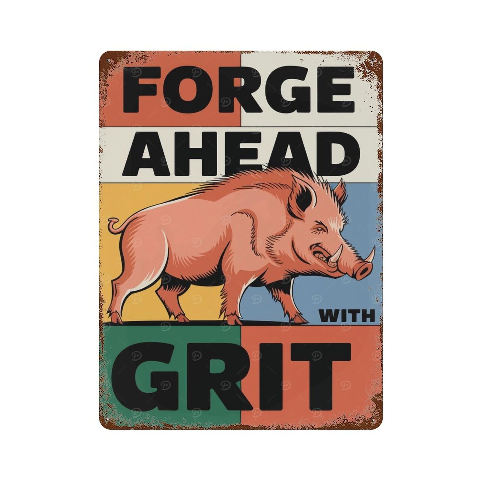 Forge Ahead With Grit Wild Boar Illustration 15.7"x11.8" Vintage Rust Metal Sign, Decorative Metal Wall Art for Living Room, Hallway And Home Decor