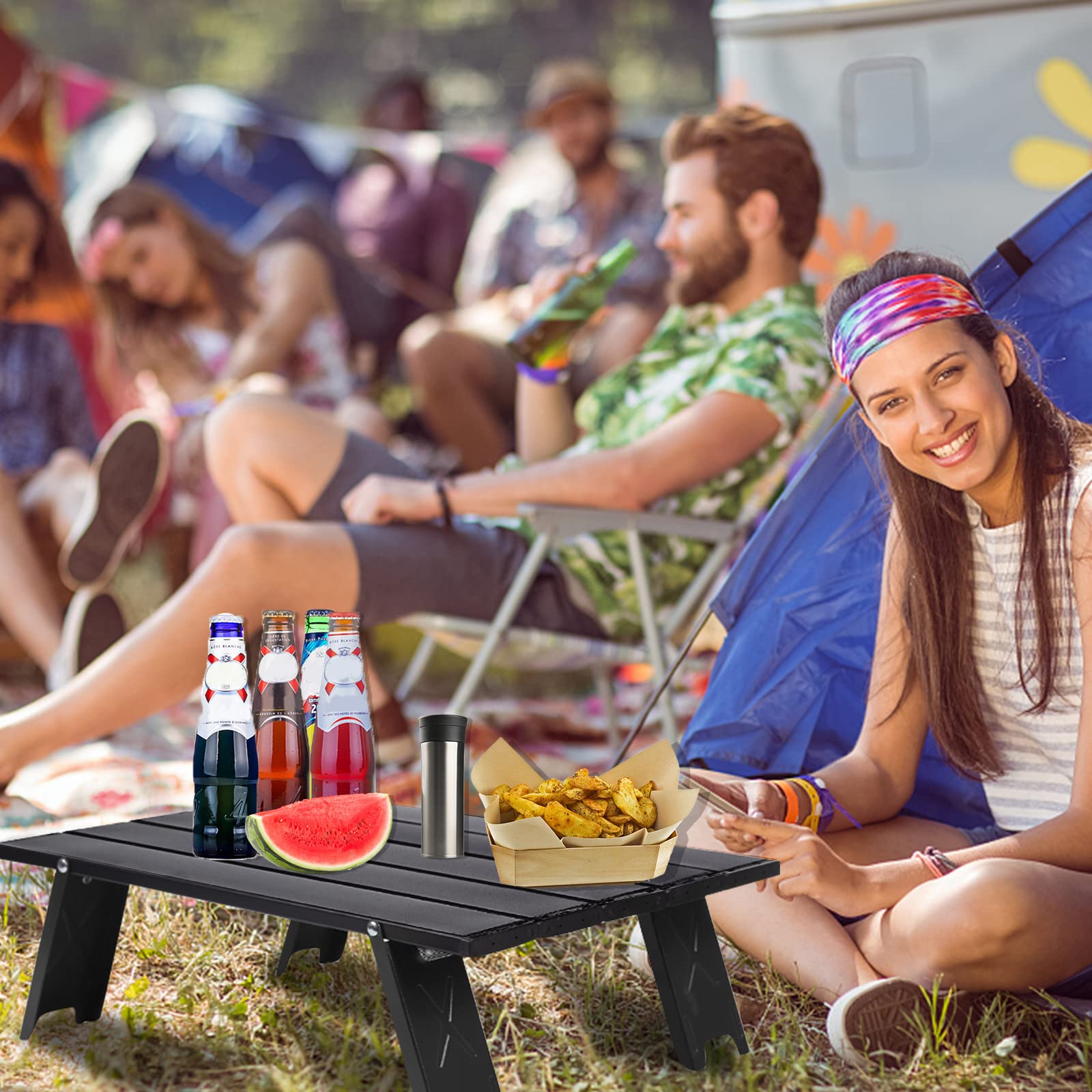Tavolo da Campeggio Mini Pieghevole, Tavolo da Spiaggia Portatile Leggero in Alluminio Tavolino Arrotolabile, Tavolo da Picnic Compatto per Esterna Barbecue Spiaggia Viaggi Escursioni (Nero)