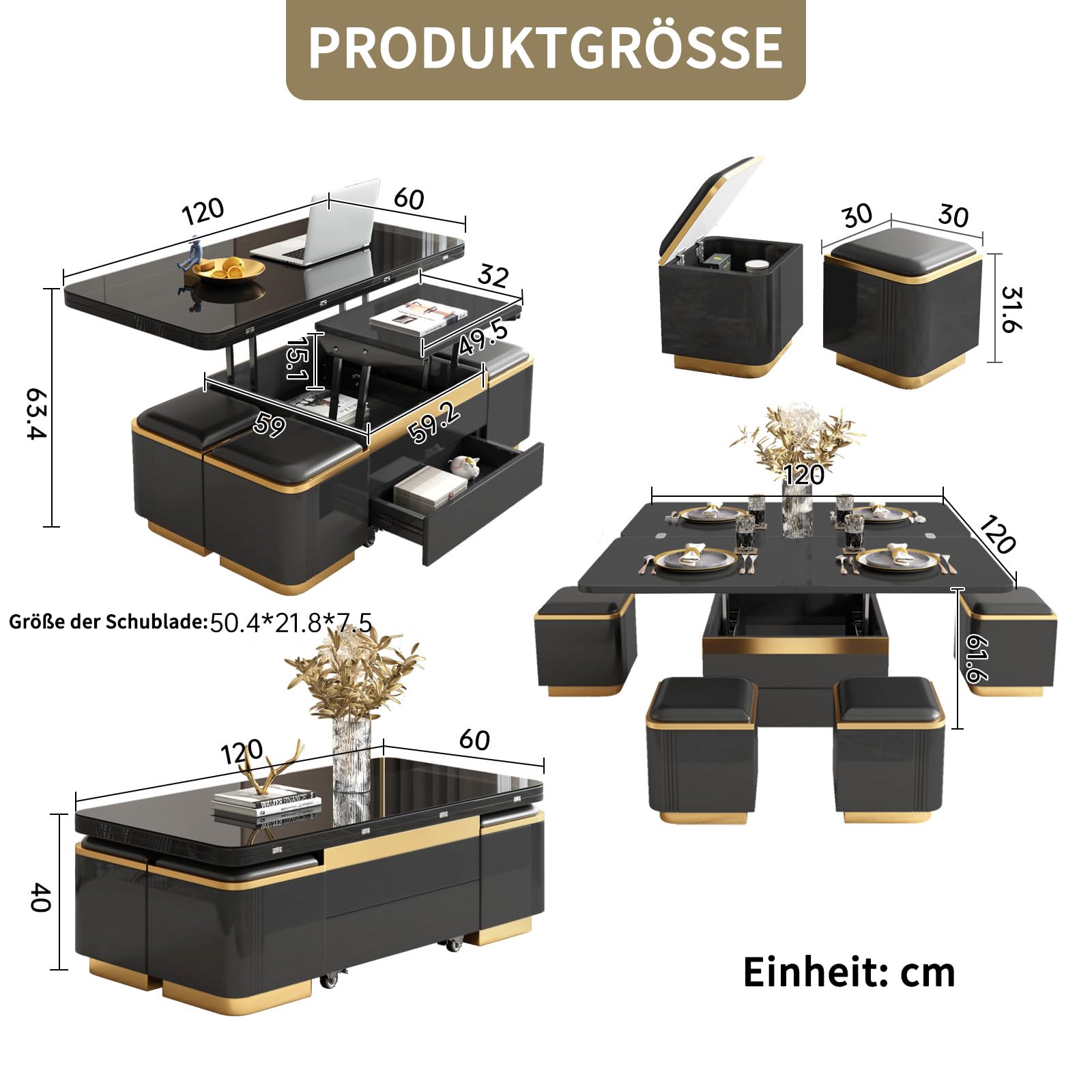 Guyii Höhenverstellbarer Couchtisch 120 cm lang mit Ablage, Multifunktionaler Cauchsofa Tisch, Coffee Table mit integriertem Stauraum und Klapptisch, Moderner Design für Wohnzimmer (schwarz)