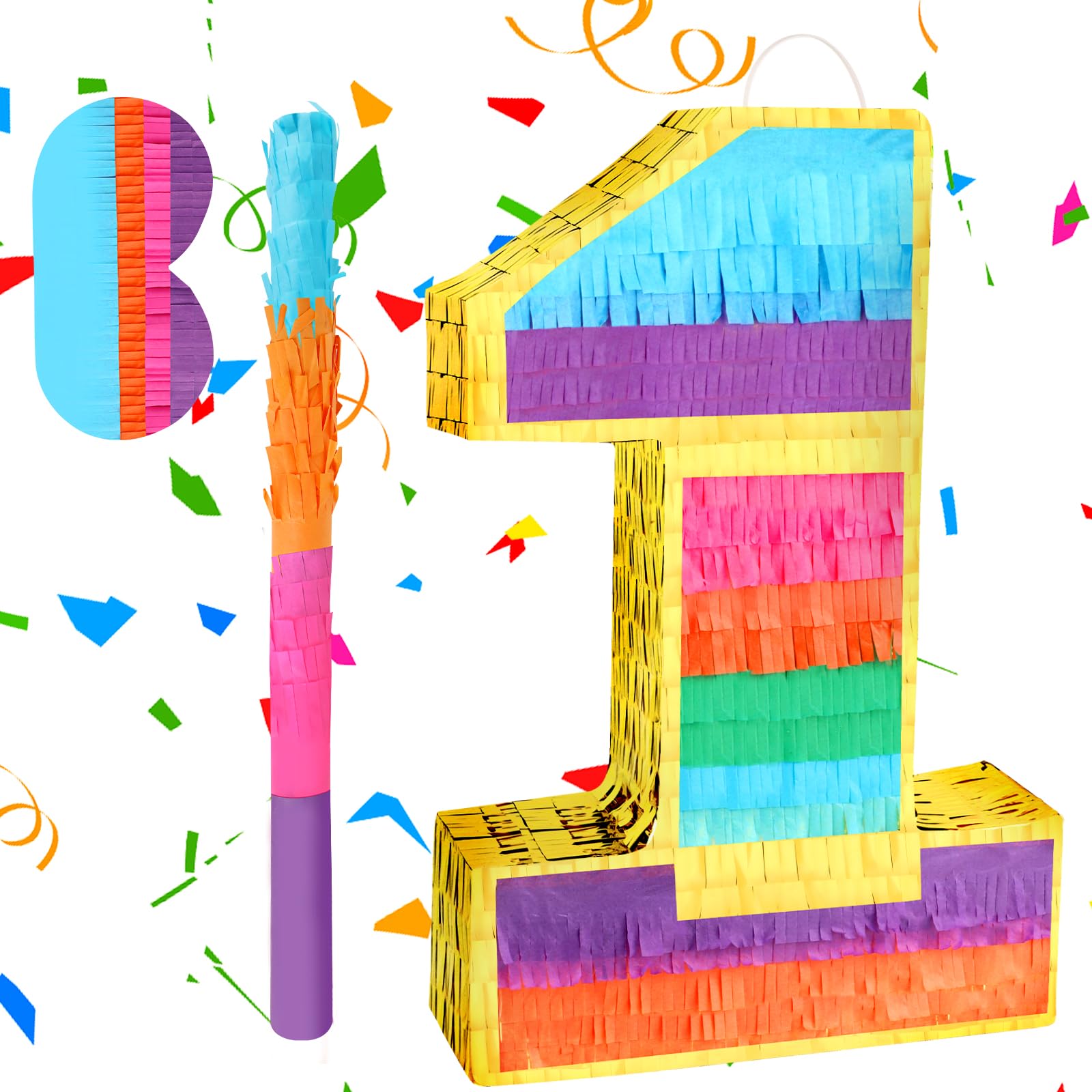 Piñata arcoíris número 1, decoración de cumpleaños para niños, piñata arcoíris con palo de murciélago para niños y niñas, celebraciones de cumpleaños, suministros de fiesta de baby shower