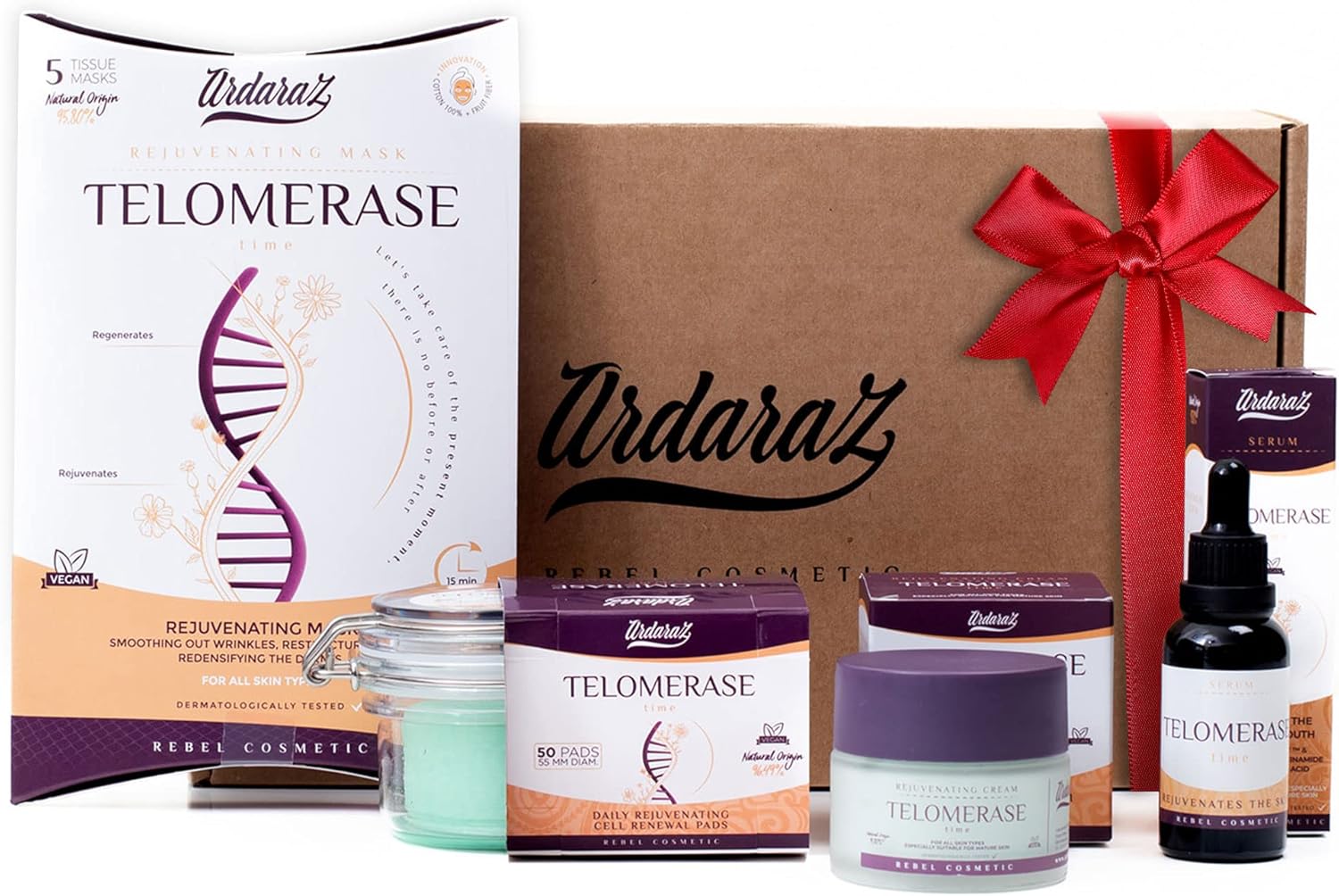 Verjongende huidverzorgingsset met telomerase en niacinamide. Origineel cadeaupakket voor vrouwen met scrubschijven, serum, crème en 5 maskers