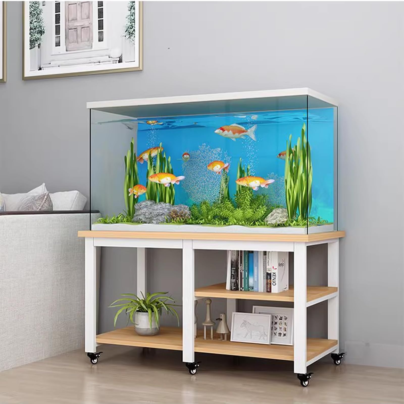 Aquarium Stand with Wheels, Metal and Wood Fish Tank Stand, Large-capacity Storage, Durable and Versatile, Suitable for Bedrooms and Home Offices(Style E,50x30cm/19.7x11.8in)