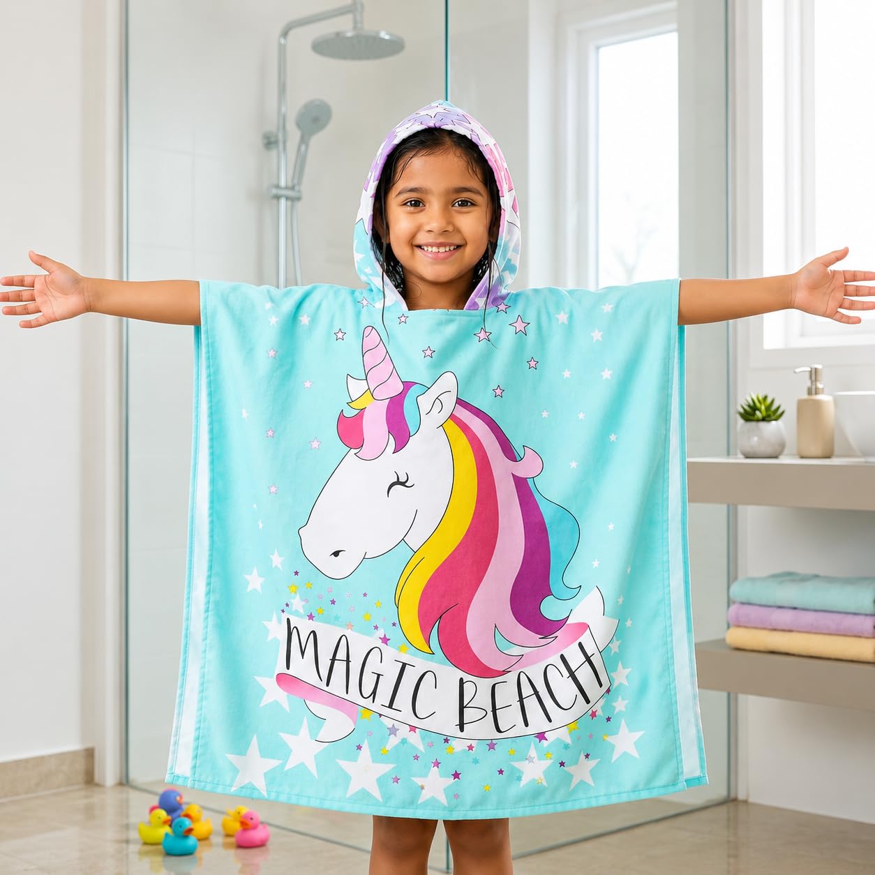 Famyo Magic Beach Pink Unicorn Poncho Towel for Kids | Hooded Bath Towels | 60 x 60cm Toddler Pool Towel for Boys & Girls, 1-7 Years | Cute & Cozy Bathrobe Alternative-image-18