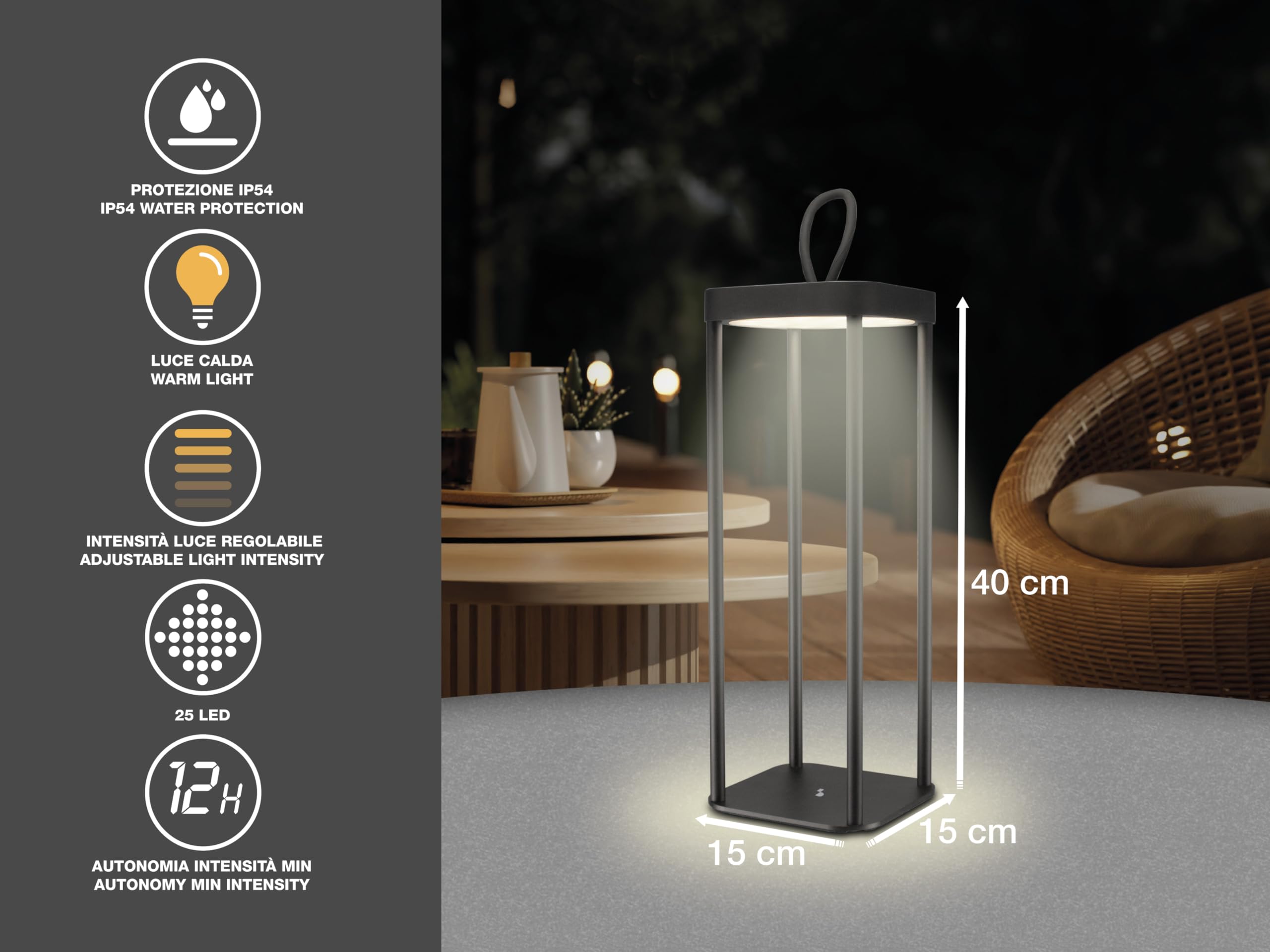 BEPER P207ILI100 Lampada da Tavolo LED Senza Fili, Luce LED Calda, Intensità Regolabile, Lampada da Esterno e Interno Ricaricabile, IP44, USB Type-C Inclusa, Autonomia 12 Ore