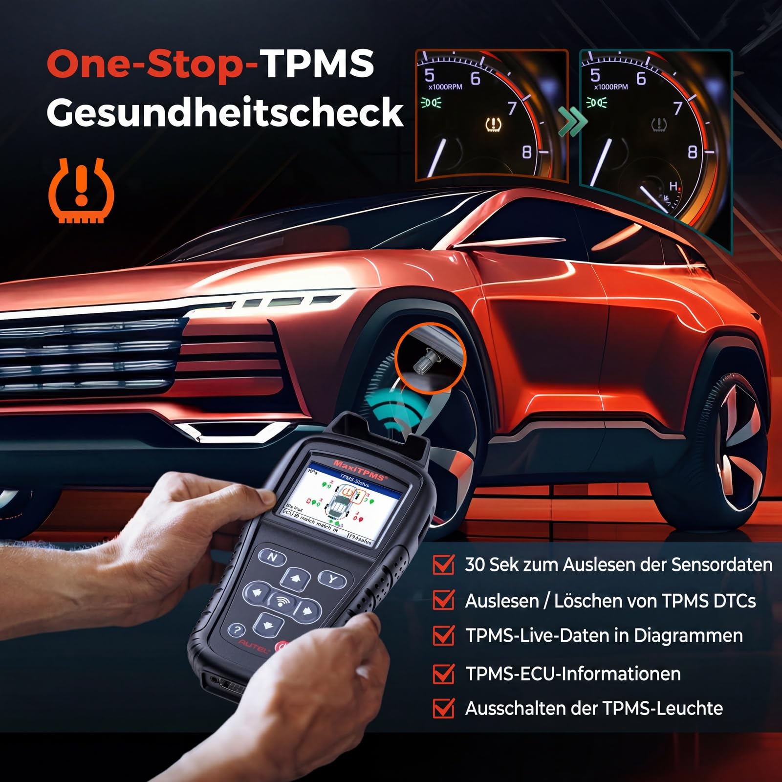 Autel MaxiTPMS TS408S – 2026 TPMS Anlernwerkzeug, OBD2 Scanner – OEM-Sensor (3 * 5+433MHz) Aktivierung/Anlernen/Reset/DTC löschen – Ersatz für TS501 PRO/TS508WIFI/TS601