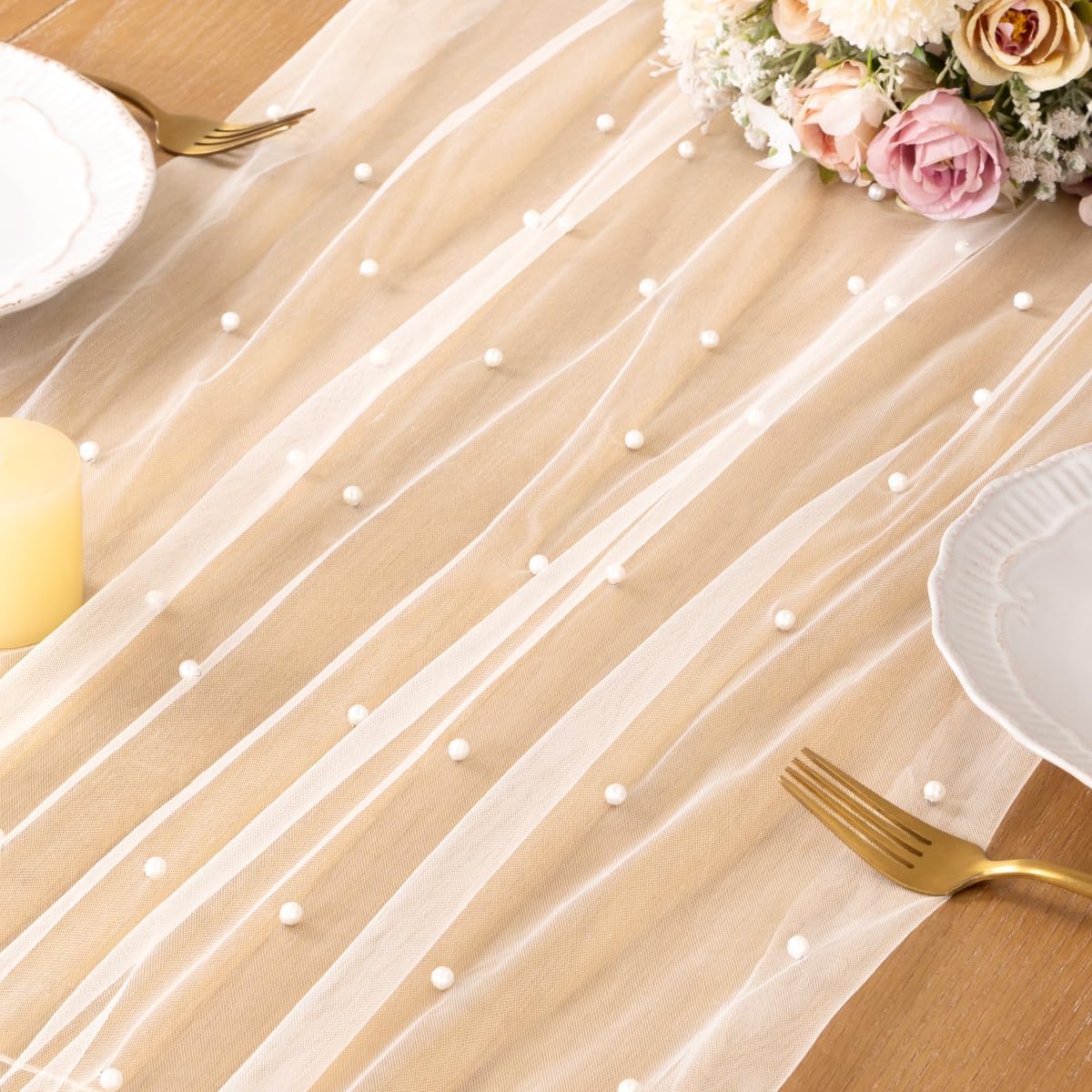 DeZerlor Pearl Ivory White Gauze Table Runner 120 Inch 10FT, Seasonal Sheer Dining Holiday Wedding Birthday Baby Shower Table Decor for Home Party