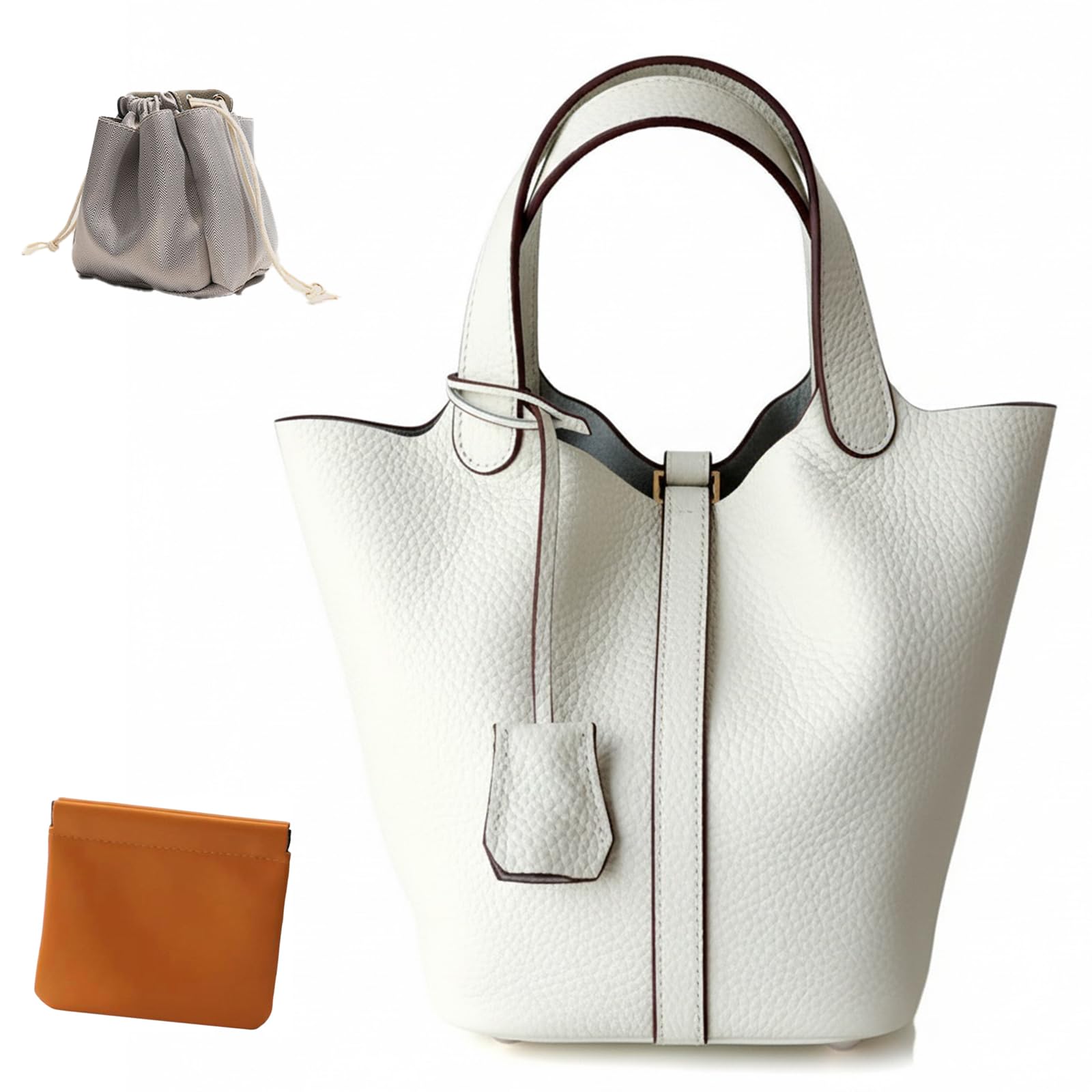 Genuine Leather Lock Design Bucket Bag Vegetable Basket, Fashionable and Versatile Satchel Handbag