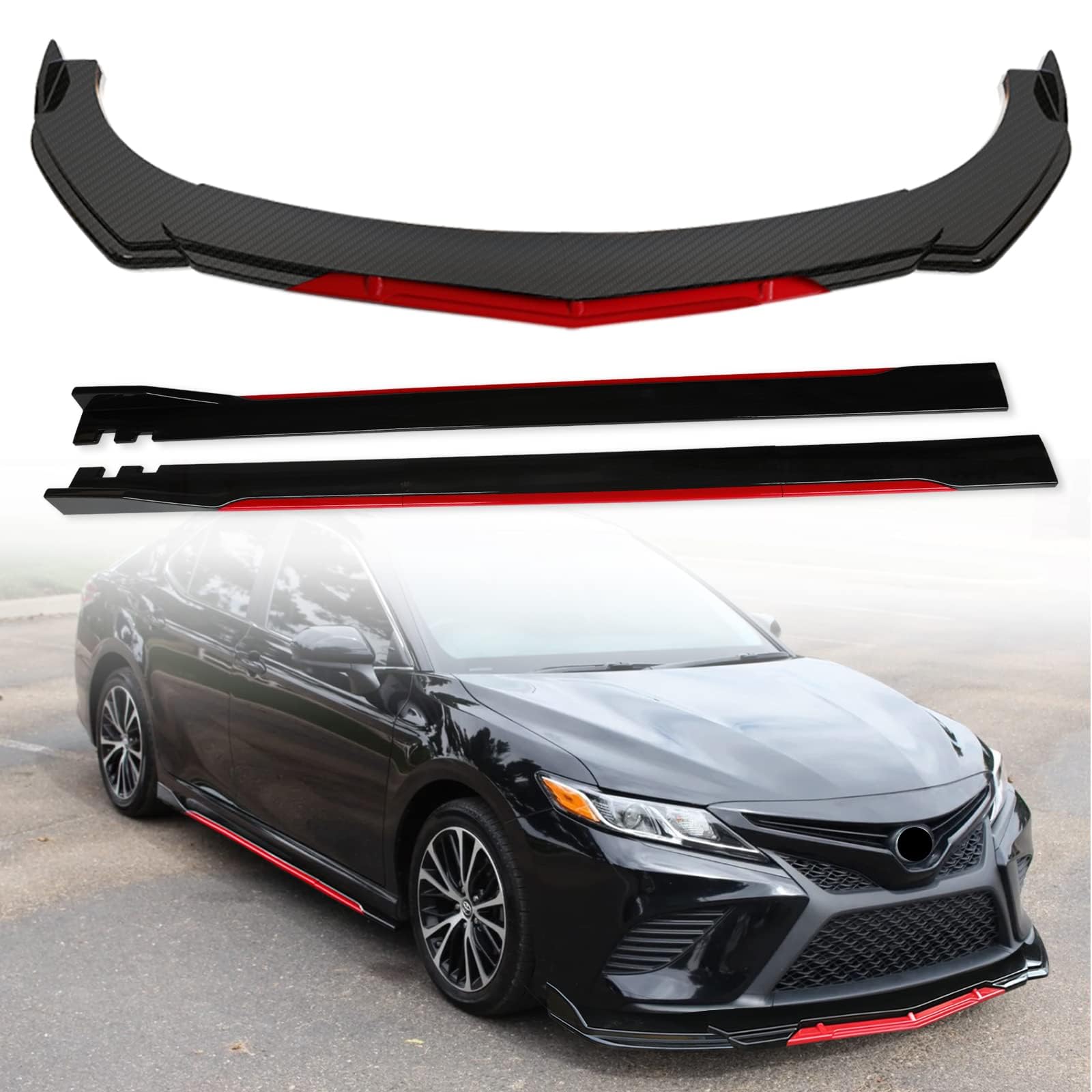 Front Bumper Lip Splitter Spoiler Red Trim Carbon Fiber + 86.6" Car Side Skirt Red Line Gloss Black Compatible with Honda Toyota Ford Nissan Chevrolet and Most Cars