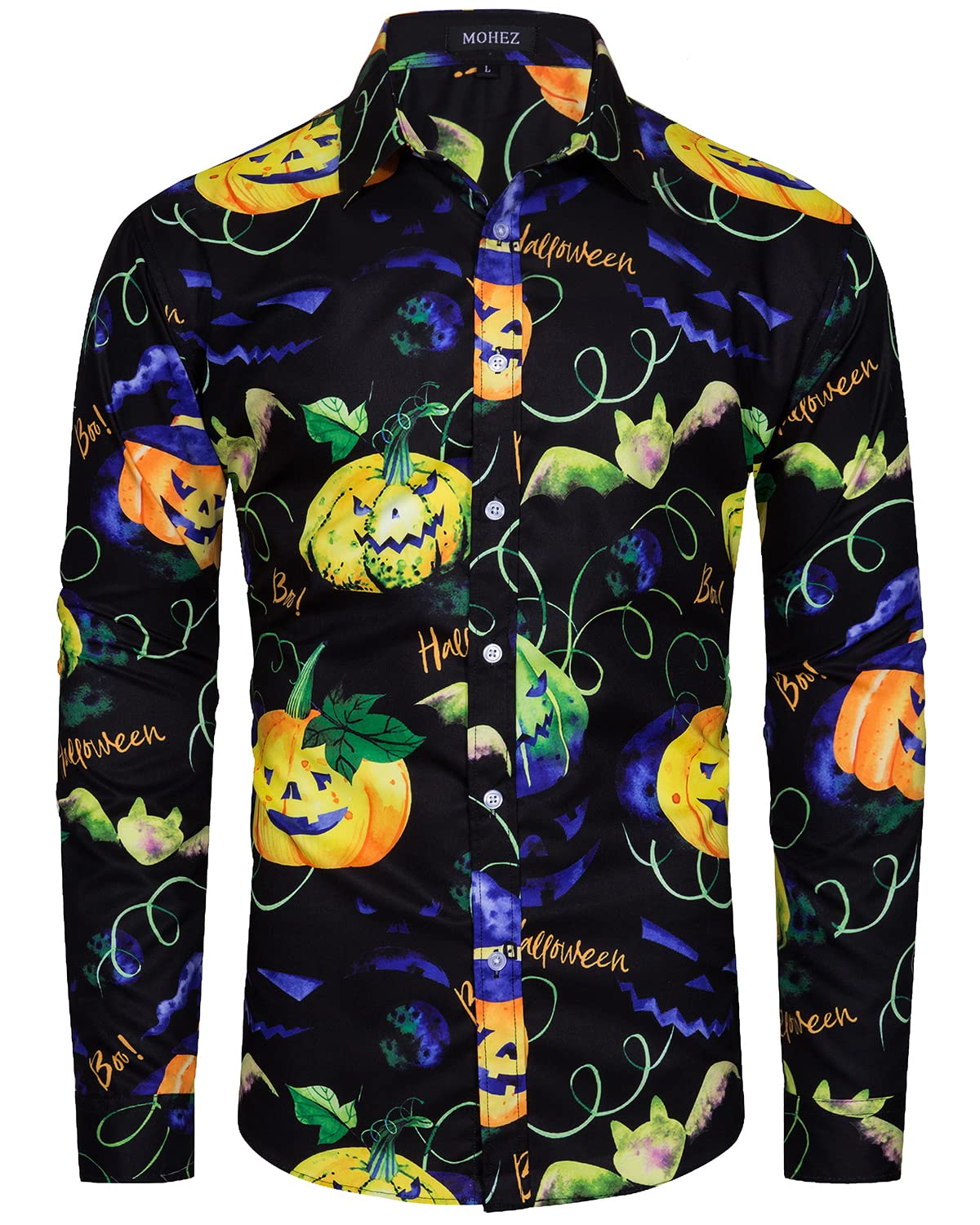 MOHEZ Mens Halloween Shirt Ugly Pumpkin Casual Long Sleeve Funny Button Down Shirts Spider Web Print Adult Costume Orange XX-Large