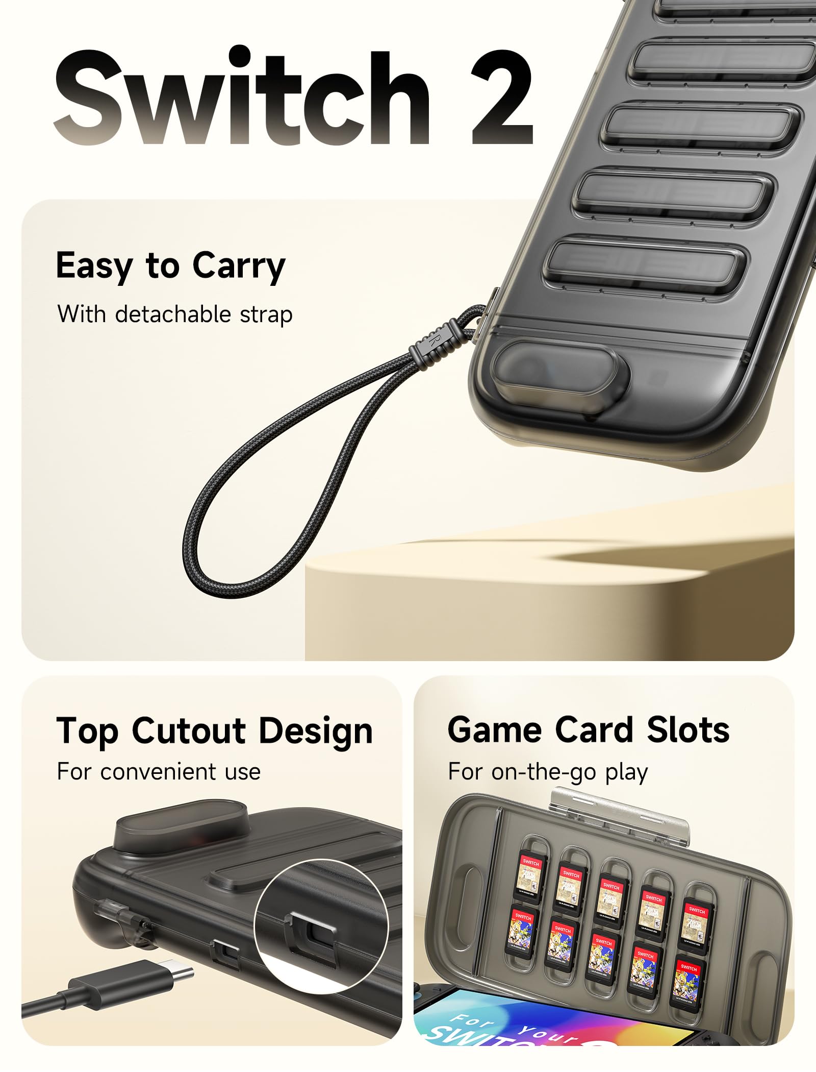 JSAUX Funda Protectora para Nintendo Switch 2 (2025) – Carcasa Dura de PC, Delgada y Portátil, a Prueba de Polvo, Ranura para Tarjetas de Juego, Ideal para Viaje – Translúcido Negro (PC0116)