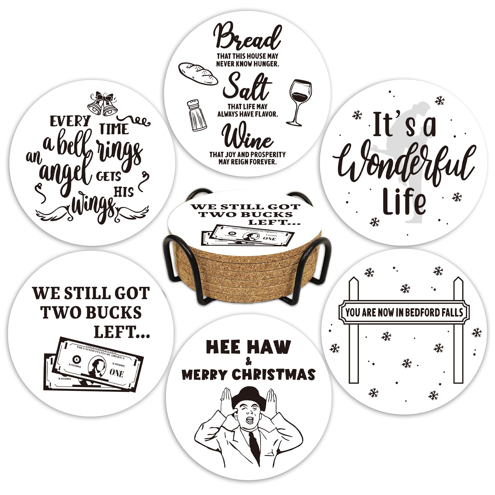 It's A Wonderful Life Merchandise Gift, 6 Pcs Wonderful Life Drink Coasters with Metal Holder, Funny Christmas Coffee Coasters for Wonderful Life Decor, Cute Xmas Home Table Decorations