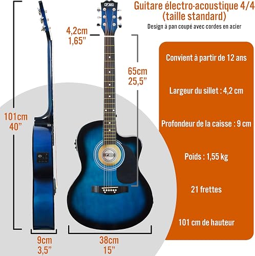 3rd Avenue Full Size 4/4 Cutaway Electro Acoustic Guitar Pack Bundle for Beginners with 6 Months FREE Lessons, Built-in Tuner and EQ - Blue - 2
