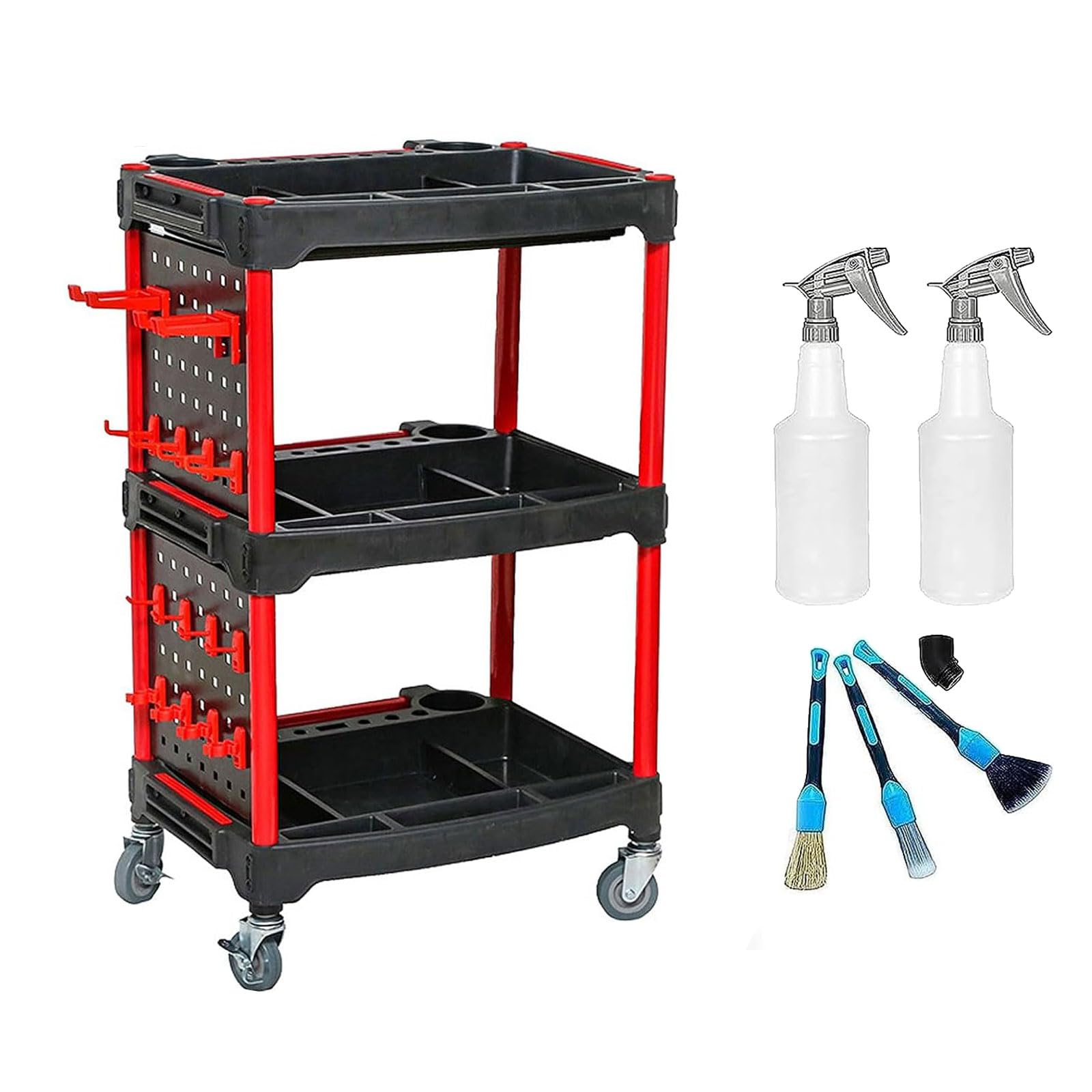 3-Level Workshop Tool Trolley, Car Washing Service Cart on Wheels, Car Beauty/Wash/Wax Trolley, Heavy Duty Utility Metal Rolling Cart for Garage, Warehouse, DIY Storage Service Cart Holds up to 200KG