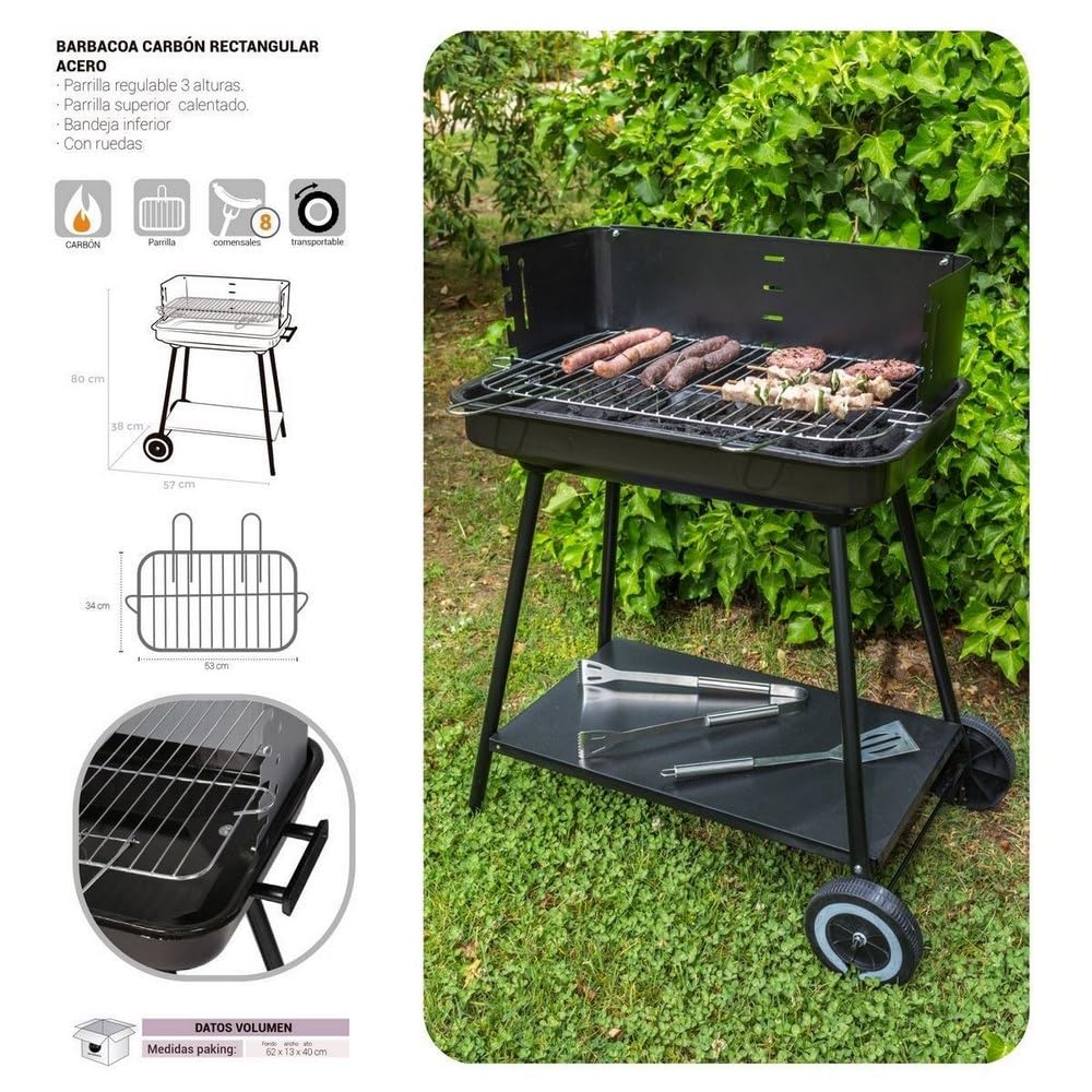 LOLAhome Barbacoa de carbón negra | De 64x38x82cm | Regulable 4 alturas, Doble parrilla Cocinar y Calentar, fácil montaje, fácil guardado | Para 10 comensales | Barbacoa jardín
