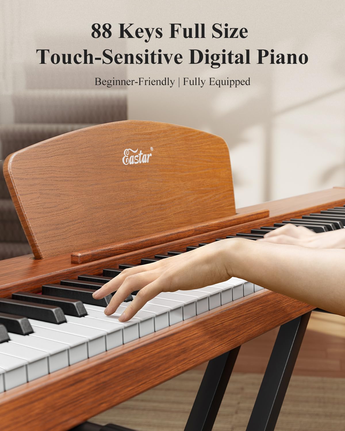 Eastar EP-80 Clavier Piano 88 Touches, Clavier Électrique Pleine Taille avec Touches Sensibles à la Vélocité, Ensemble Piano Numérique Portable pour Débutants avec Support, Pédale et Casque, Marron