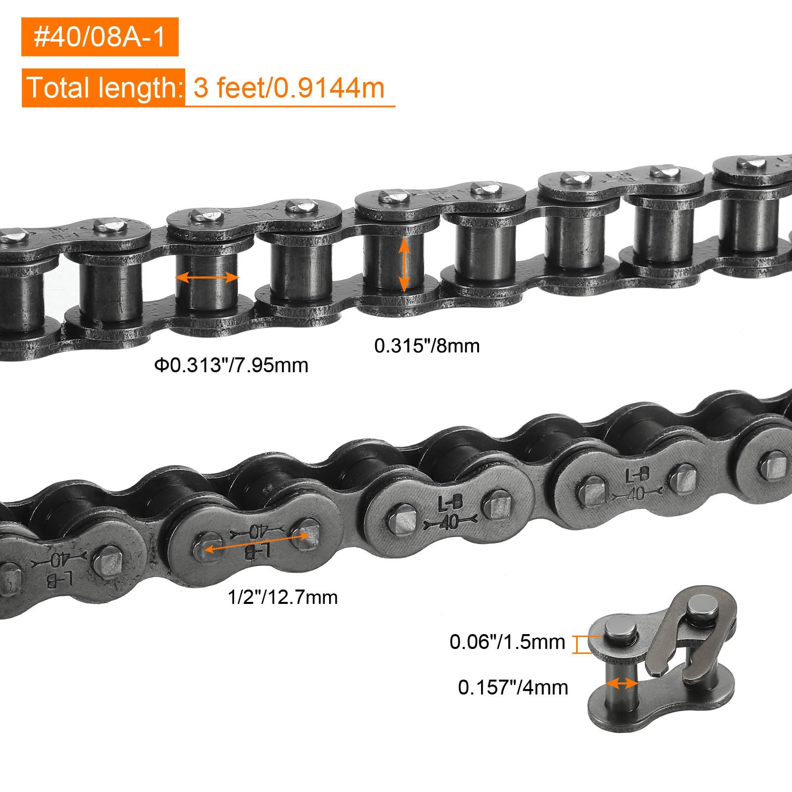 Roller Chain 3 Ft #40/08A-1 1/2" Pitch Carbon Steel 72 Links