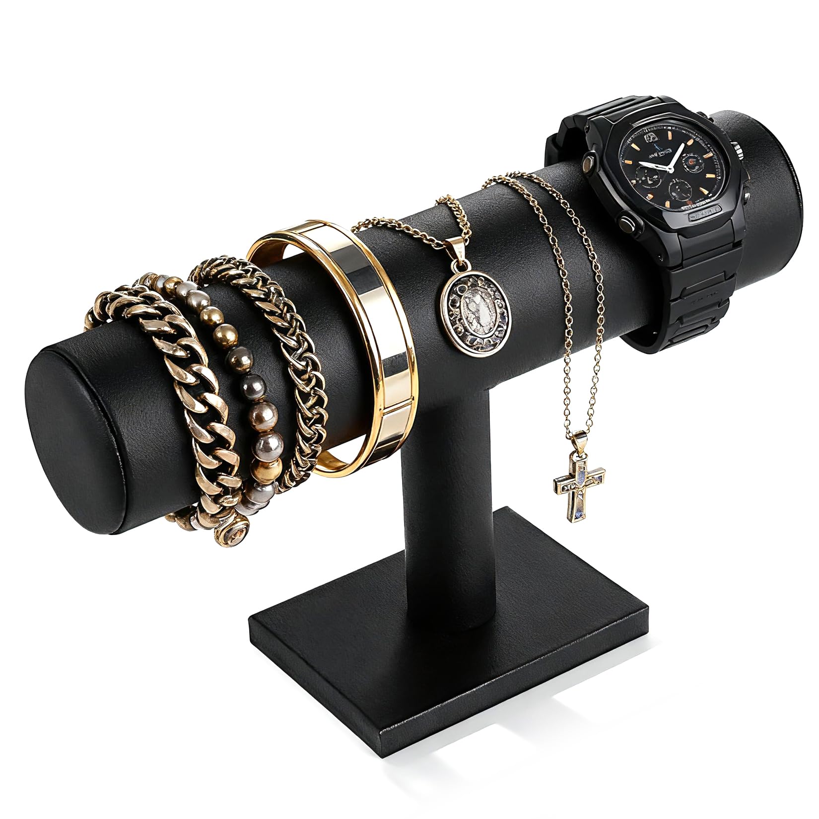 TENINYU Hovering T-Bar Bracelet Necklace Earring Bangle Pendants Anklet Tower Watch Key Jewelry Display Stand for Home Organization (Black Leatherette)