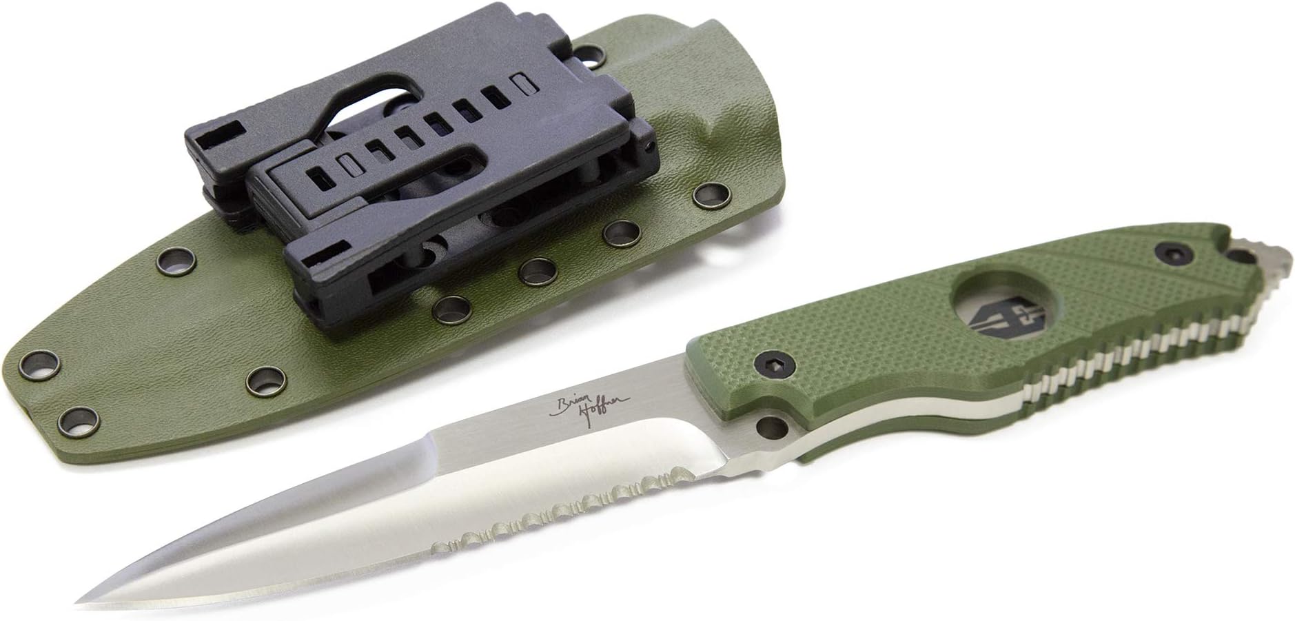 Hoffner Hand Spear Tactical Fixed Blade Knife - 4-7/8 Inch Half-Serrated Blade, Full Tang 440C Spear Point, G10 Grip, MOLLE Compatible Kydex Sheath