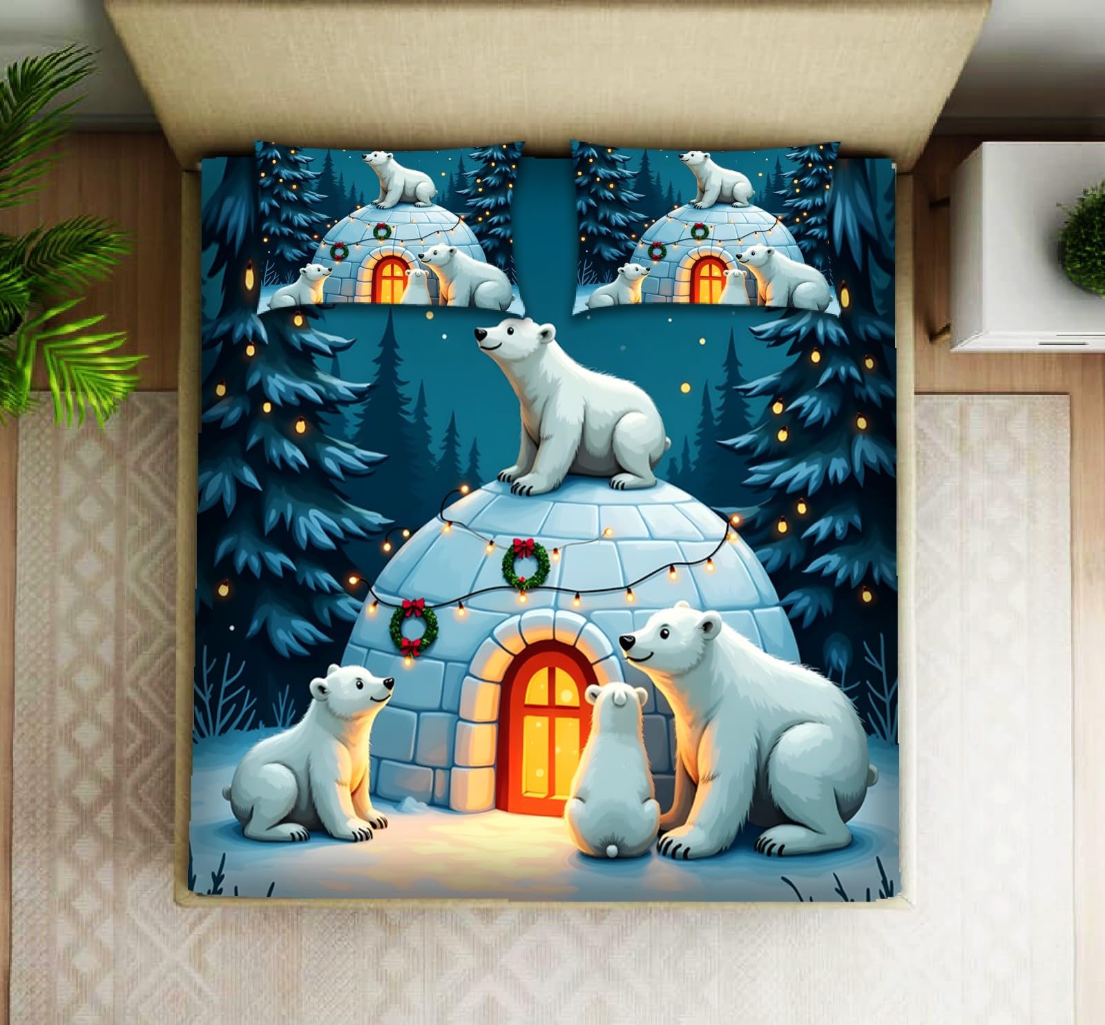 Polar Bear Christmas Igloo Bedding Set with 2 Pillow Covers | Winter Holiday Theme, 3-Piece Set, Festive Print Design, All Season Bedding, Snowy Forest Pattern-image-15