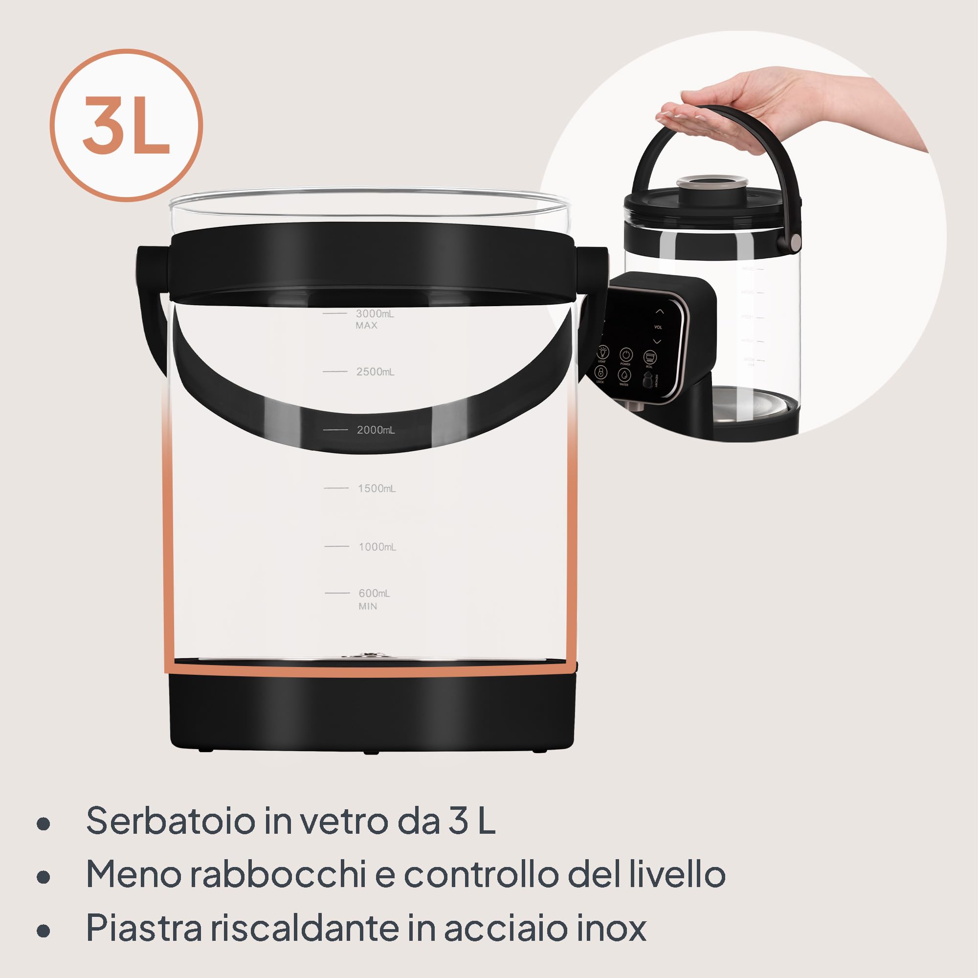 Lionelo BABYPRESTO 2.0 Preparatore Istantaneo di Latte in polvere con Temperatura Regolabile 40-100°C, Dosaggio Automatico 30-300 ml, Formula Scaldabiberon, Dispenser Acqua 3L, Declorazione, Igiene UV