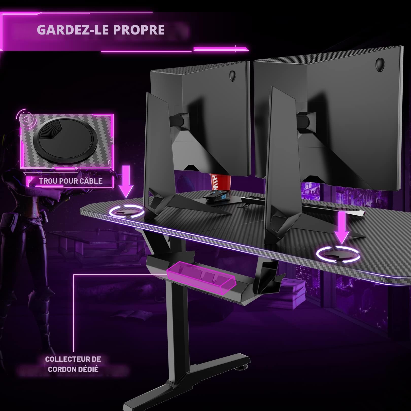 Himimi Bureau Gaming 160x75 cm, Bureau Gamer Ergonomic Informatique, Table Gaming en Fibre de Carbone, Gaming Desk pour à Domicile avec Grand Tapis de Souris Porte Gobelet Casque & Poignée de Jeu,Noir
