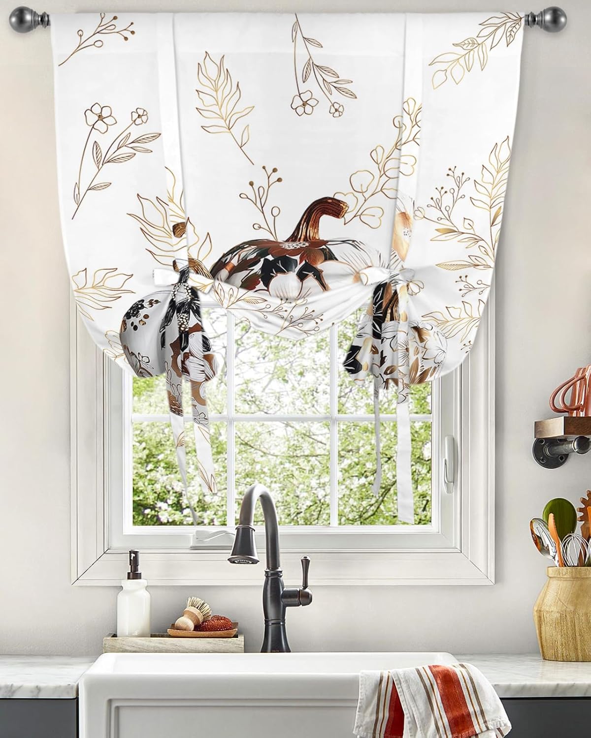 Abstract Golden Chic Pumpkins Tie Up Window Shade Curtain Autumn Harvest Kitchen Adjustable Balloon Curtains Shades Drape 46x63In for Living Room/Bedroom/Cafe Windows Minimalist Line Plant