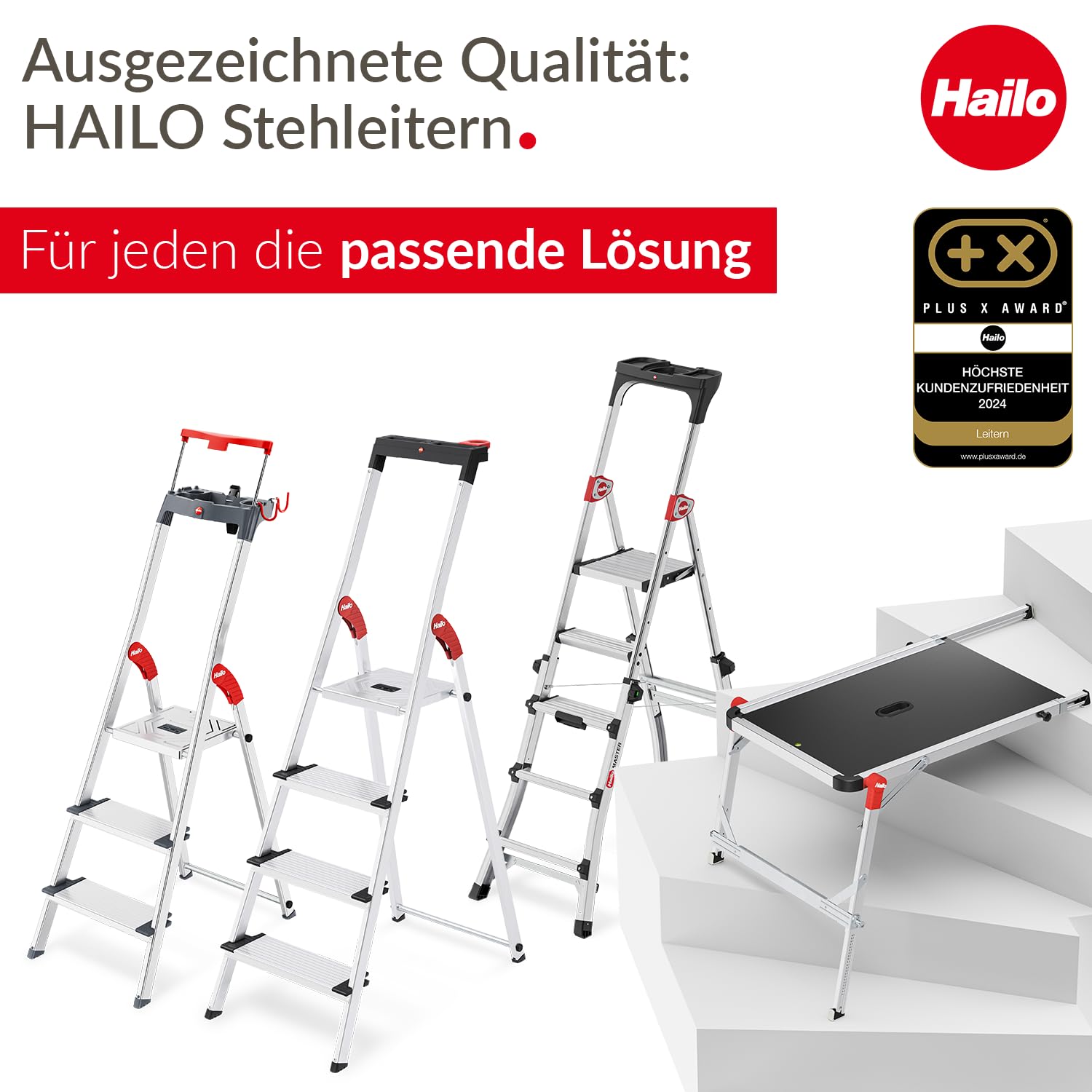Hailo L84 ComfortLine Alu-Stehleiter mit 3 XXL-Stufen bis 150 kg, Silber | Sicherheits-Stehleiter, Made in Germany, rostfrei, tiefe Standfläche, Haltegriff und Ablage
