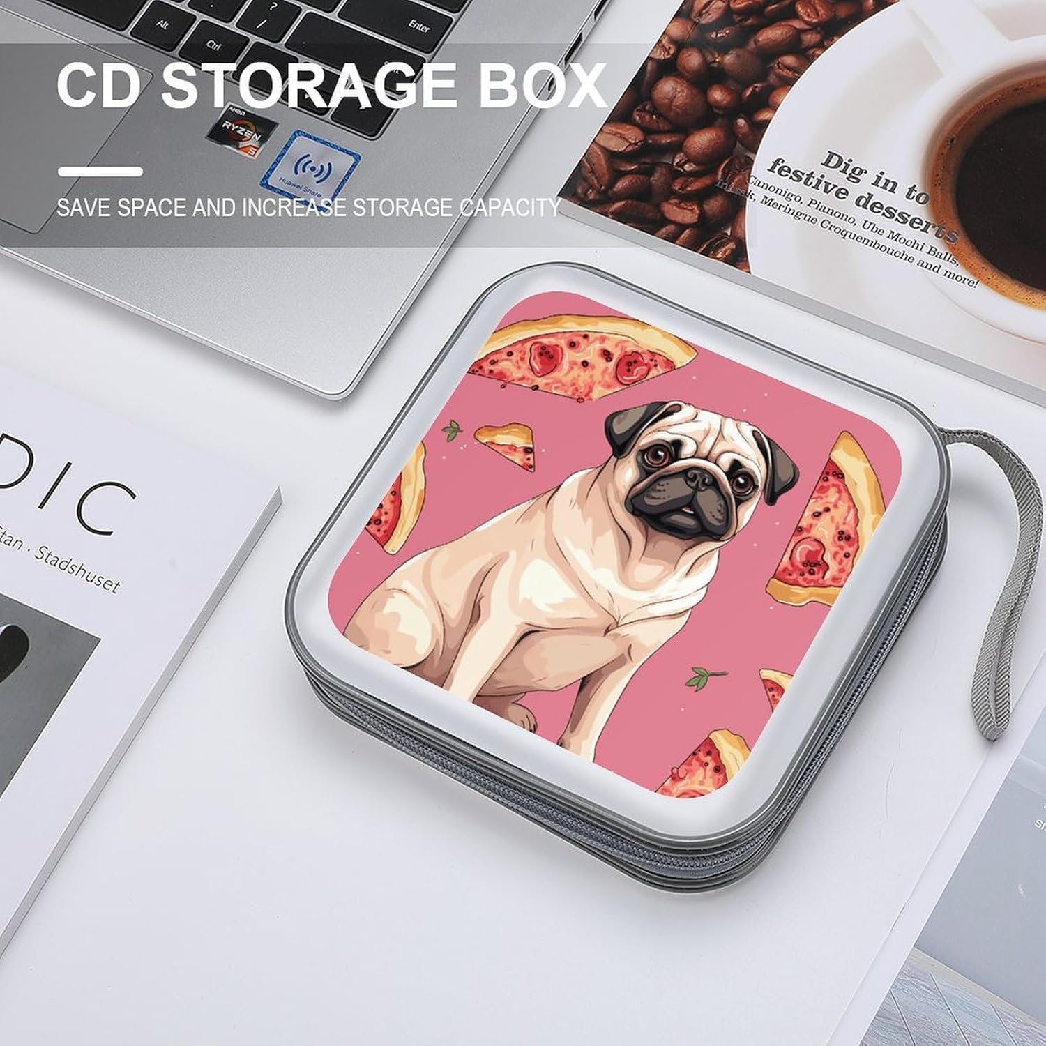 Pug Pizza Pink DVD Case 40 Capacity Protective Storage Organizer Binder Booklet Album Portable Disc Wallet Car CD Disk Holder Hard Plastic CD Cases CD DVD Case Holder