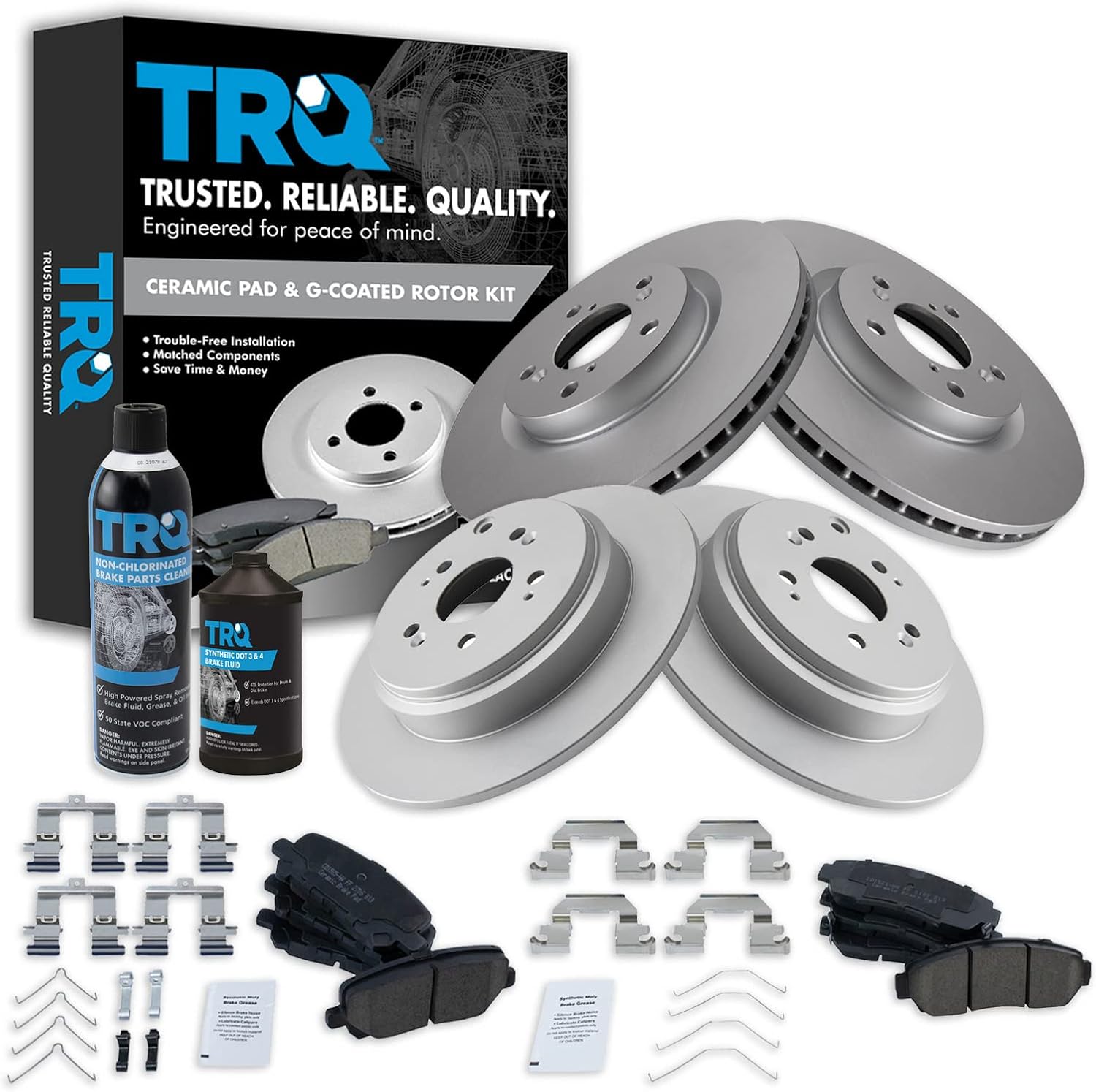 TRQ Front and Rear Brake Pad & Rotor Kit Brake Chemical Kit Brake Pads Brake Rotor Ceramic Premium G-Coated Compatible with 2011-2014 Honda Odyssey