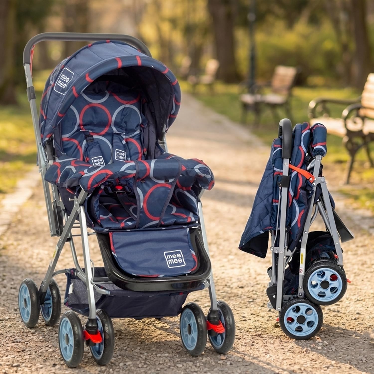 Mee Mee Little Explorer Baby Stroller/Pram for 0 to 3 Years, New Born/Kids, 5 Point Safety Harness, Adjustable backrest, 360 Swivel Wheel, Large Storage Basket, Reversible Handle (Dark Blue)-image-32