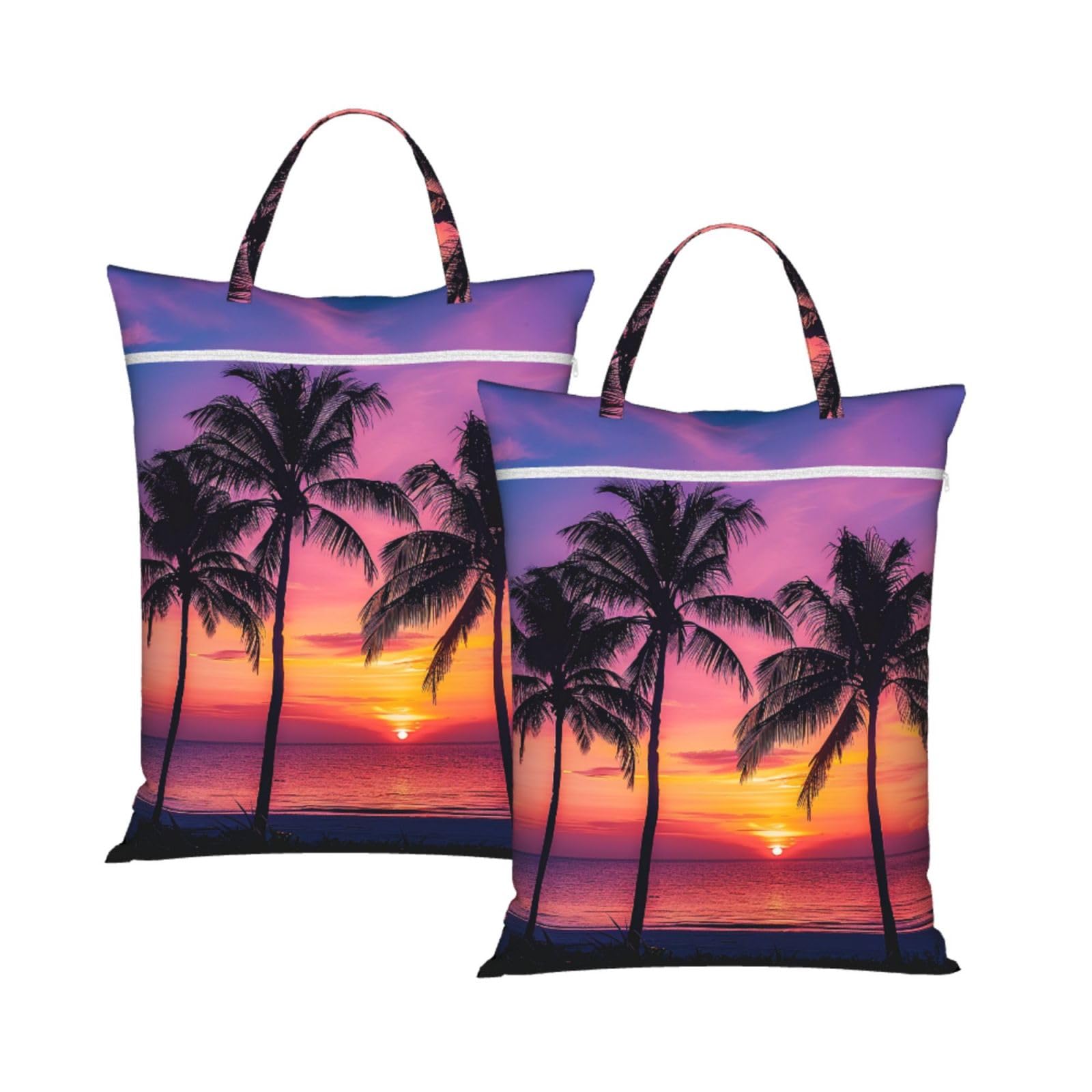 Large Travel Laundry Bags,Palm Trees Silhouette at Sunset Print with Handle Foldable Laundry Bag for Holidays Gym Swimming and Family Trips, 2Pcs