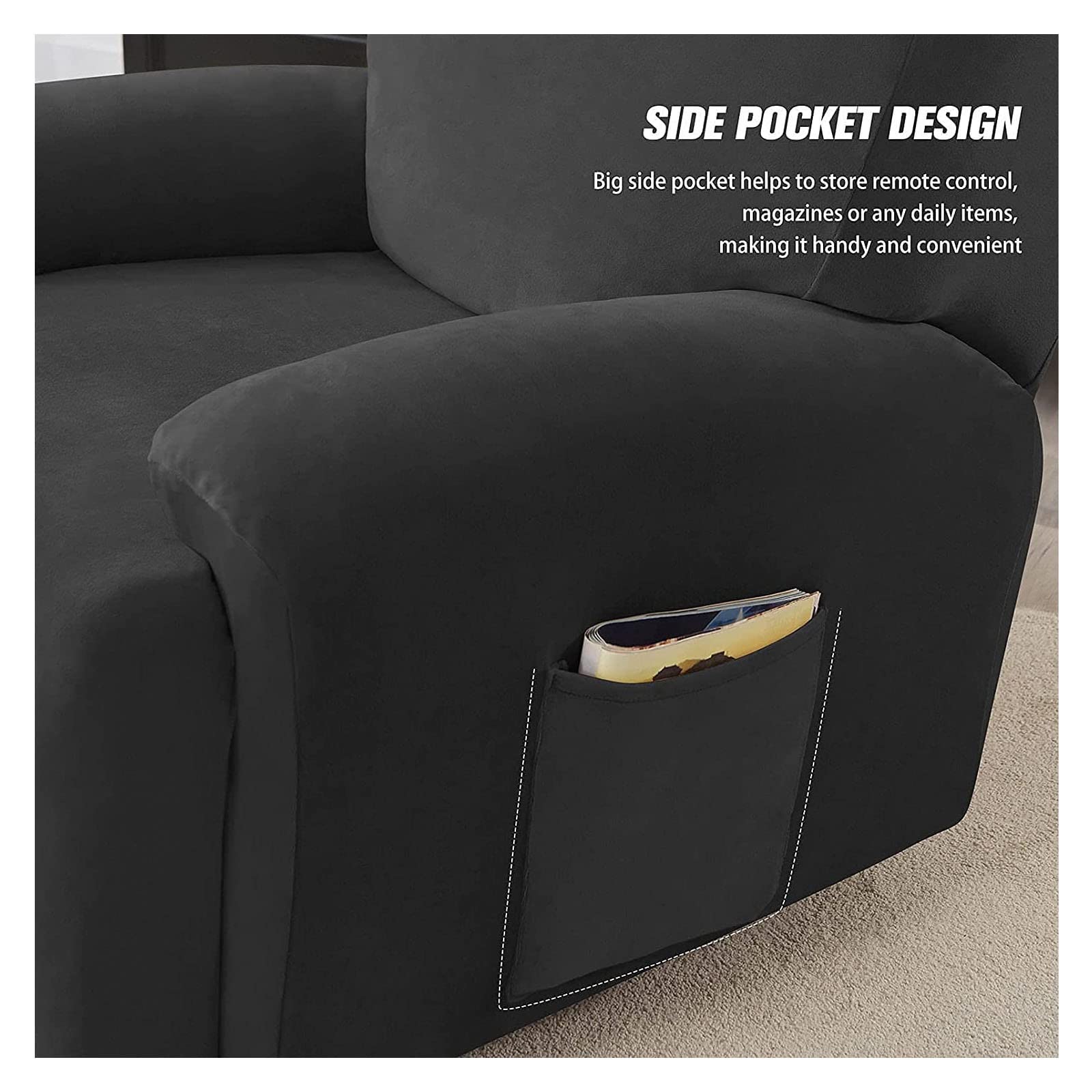 Velvet recliner sofa covers 3 seat, Stretch sofa covers for 3 cushion couch recliner chair cover with side pockets recliner slipcover chair cover soft anti-slip furniture protector ( Color : Black )