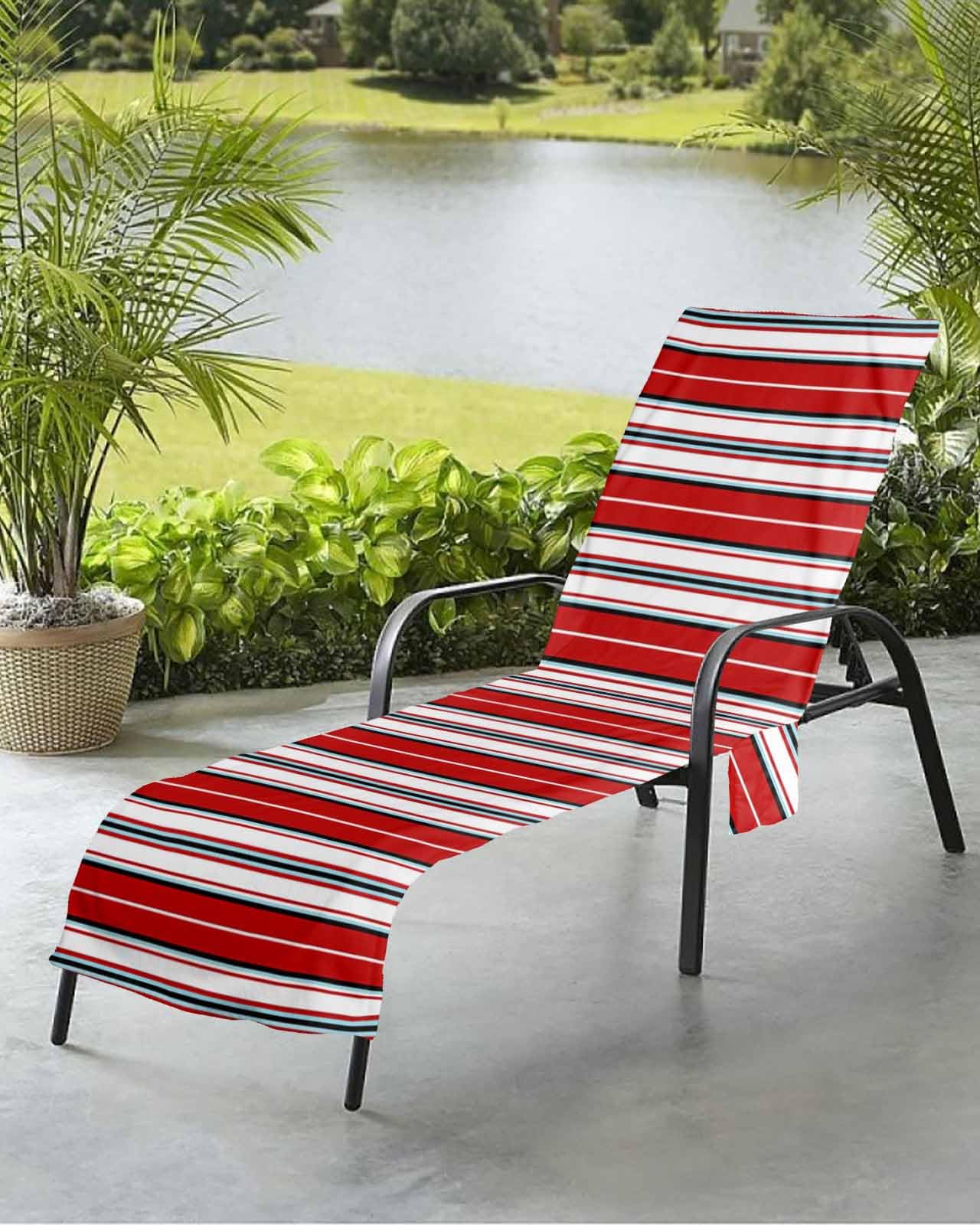Abstract Red White Beach Chair Towel Covers for Chaise Lounge with Side Pocket, Soft Plush Pool Towels Cover for Patio Sunbathing Outdoor 29''x85'' Modern Minimalist Geometric Stripe