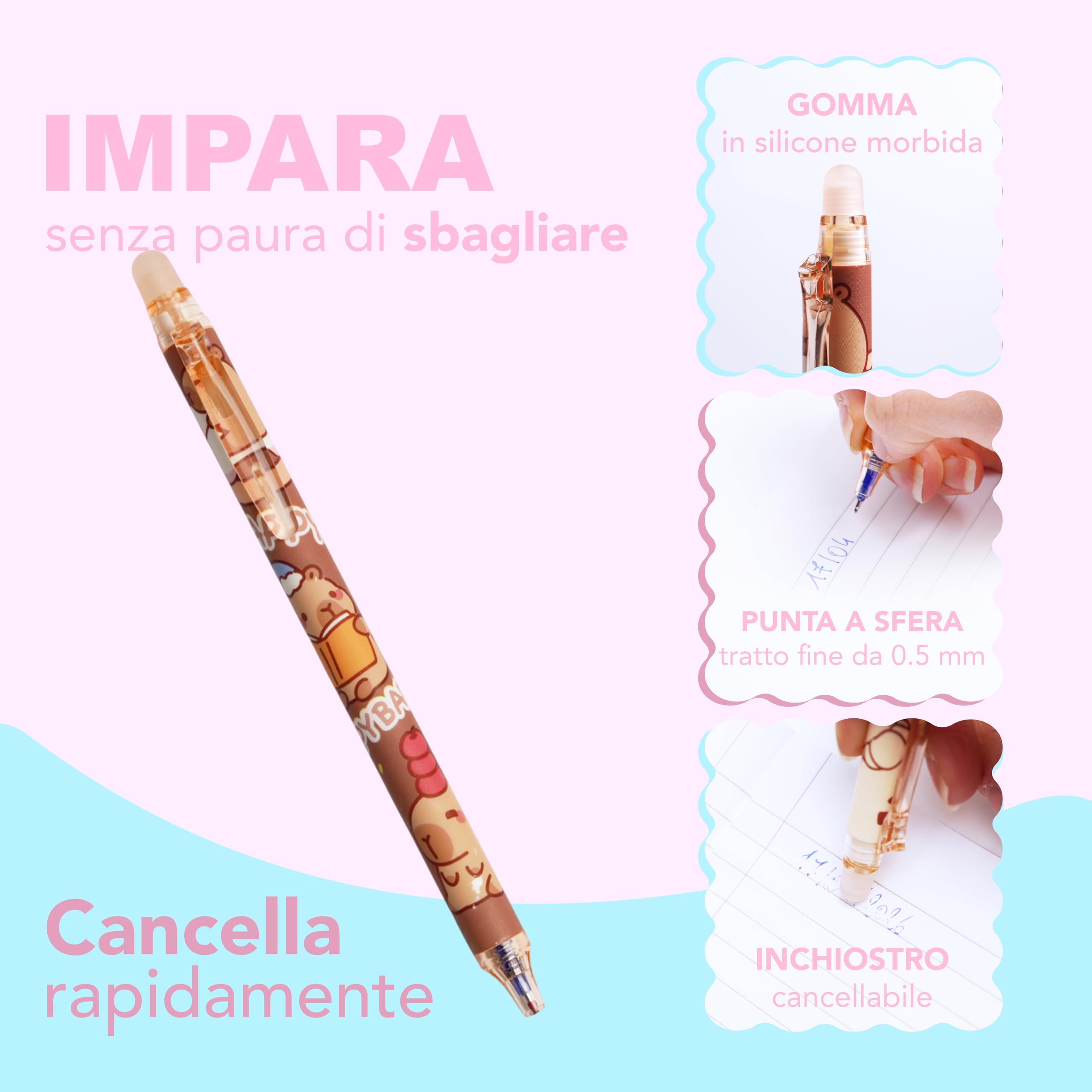 Generico Penne Cancellabili per Bambini Punta Fine 0,5 mm 6 Pezzi Ricaricabili Inchiostro Cancellabile Design Cartoon